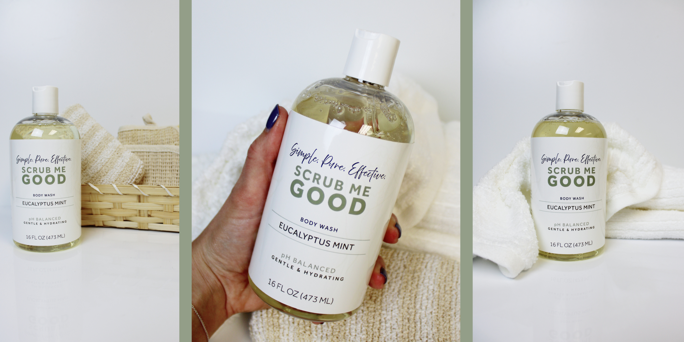 three pictures of scrub me goods ph balancing body wash that is tan and intimate safe