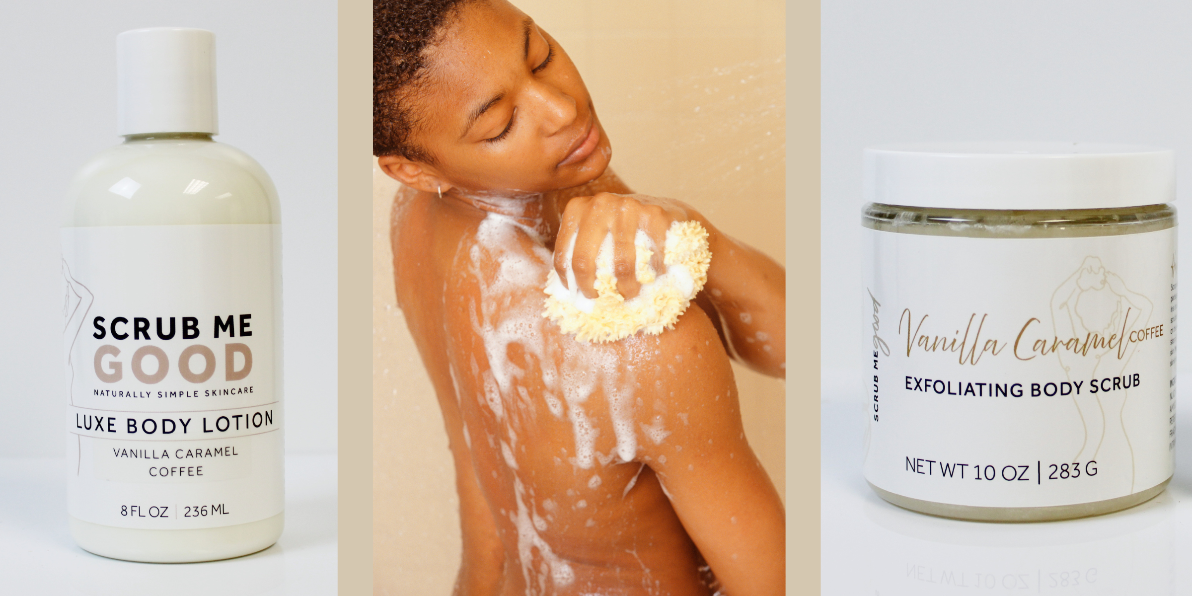 collage of scrub me good products and a woman showering with body wash