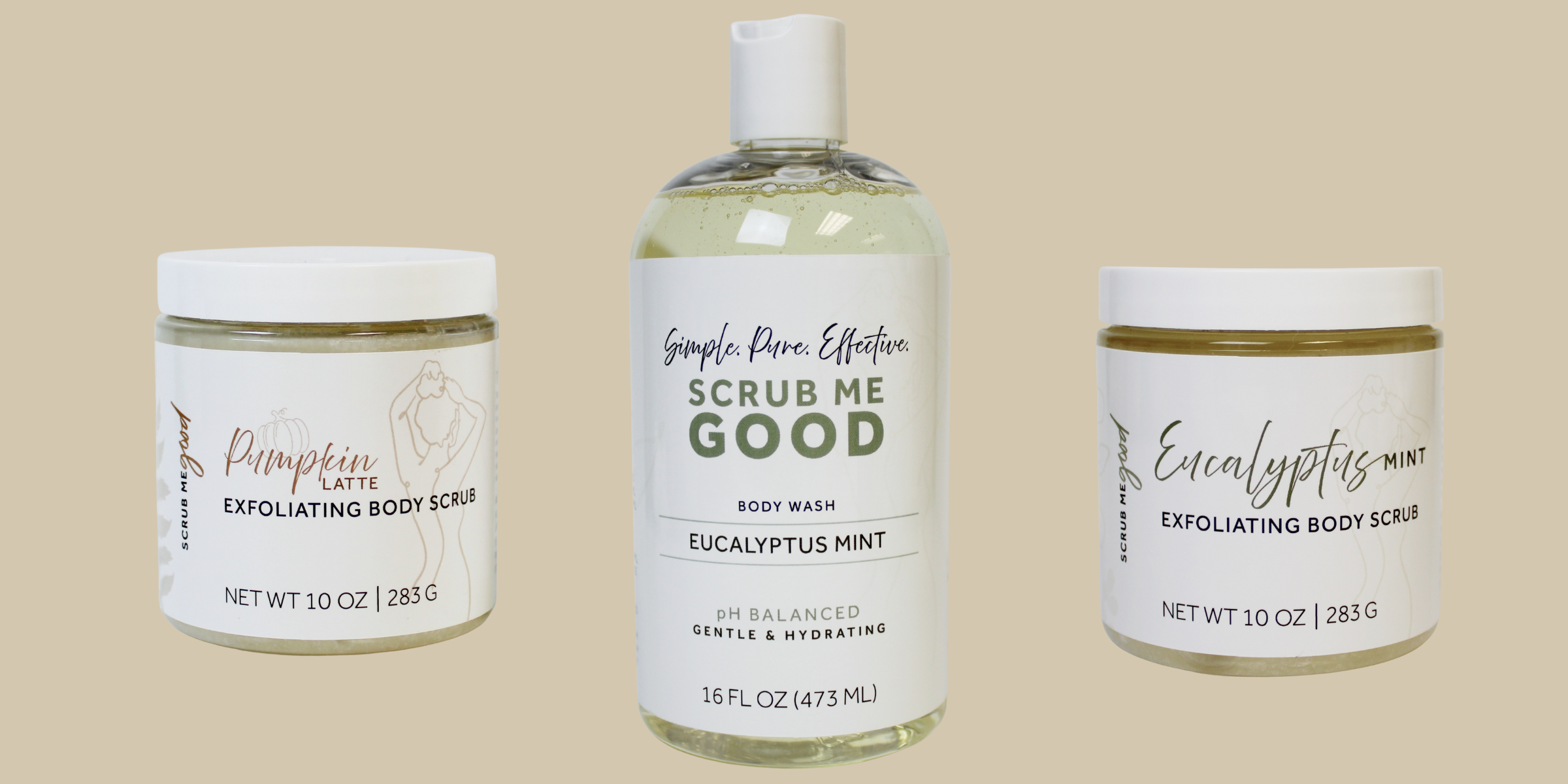 collage of scrub me good body scrubs and ph body wash
