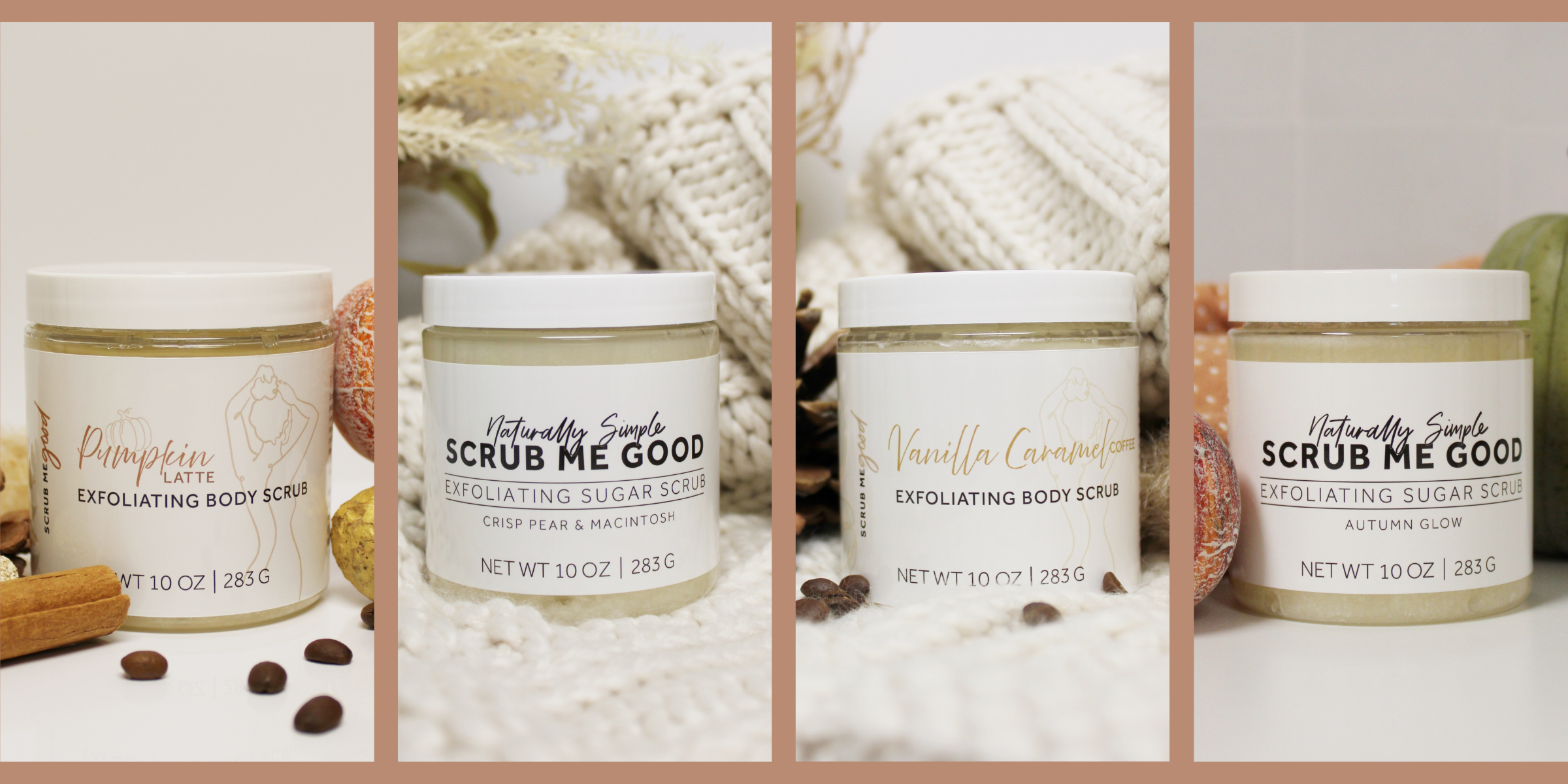 Fall exfoliating sugar scrubs in seasonal scents like Pumpkin Latte and Autumn Glow