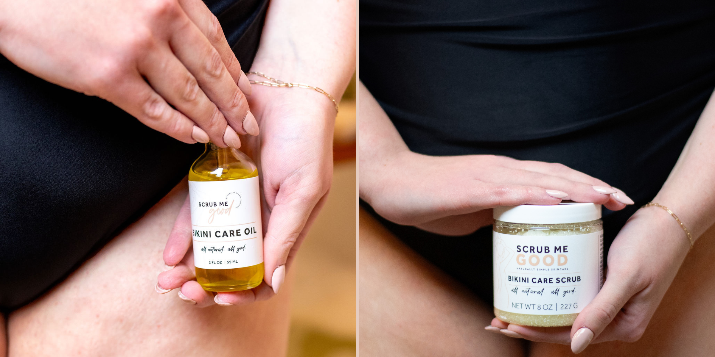 two side by side photos of a woman in a black swimsuit holding a bottle of bikini care oil and bikini care scrub in front of her bikini area