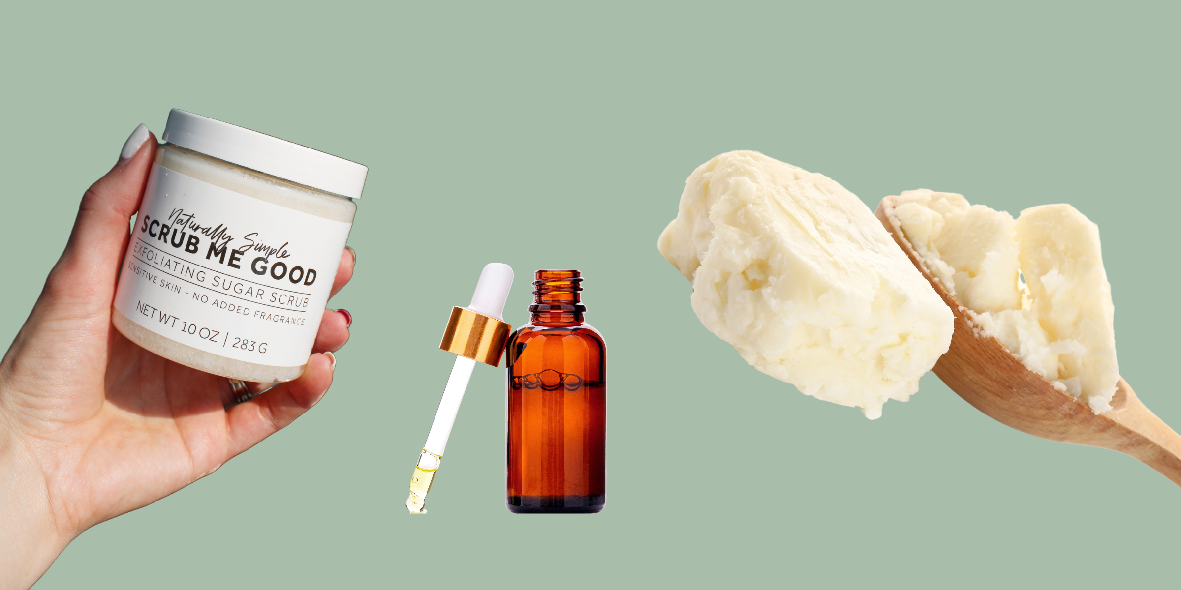 collage of a sugar scrub, dropper bottle of fragrance oil, and a wooden spoon with shea butter on it