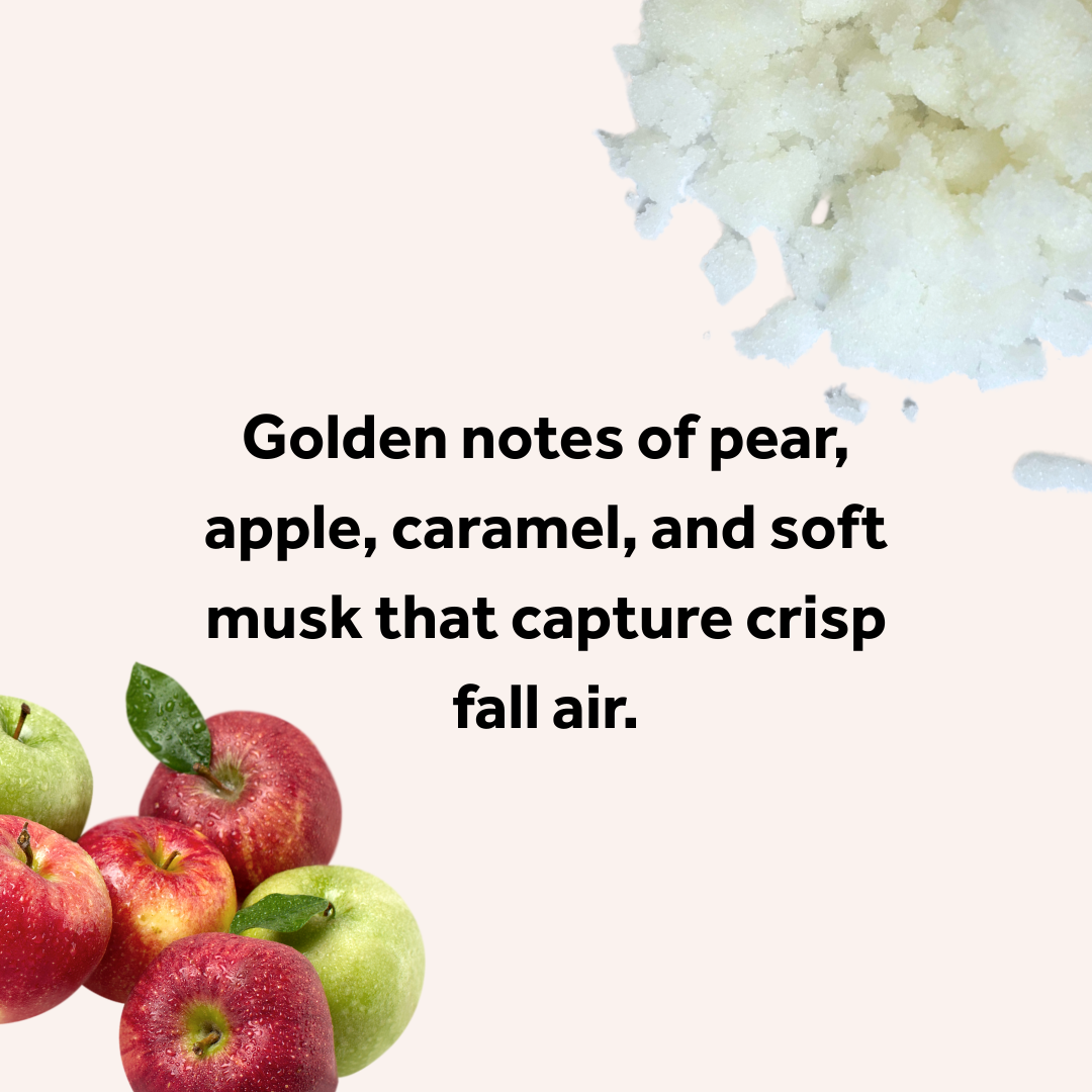 Apples with text describing autumn scents on a white background