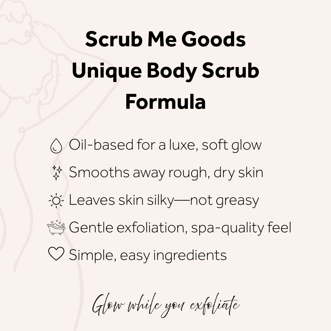 Promotional text for Scrub Me Goods Unique Body Scrub Formula on a white background with decorative elements.
