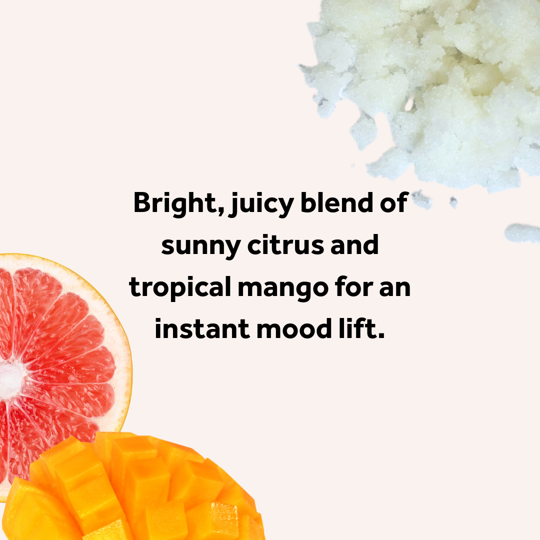 Fruit slices with text about a citrus and mango blend on a white background