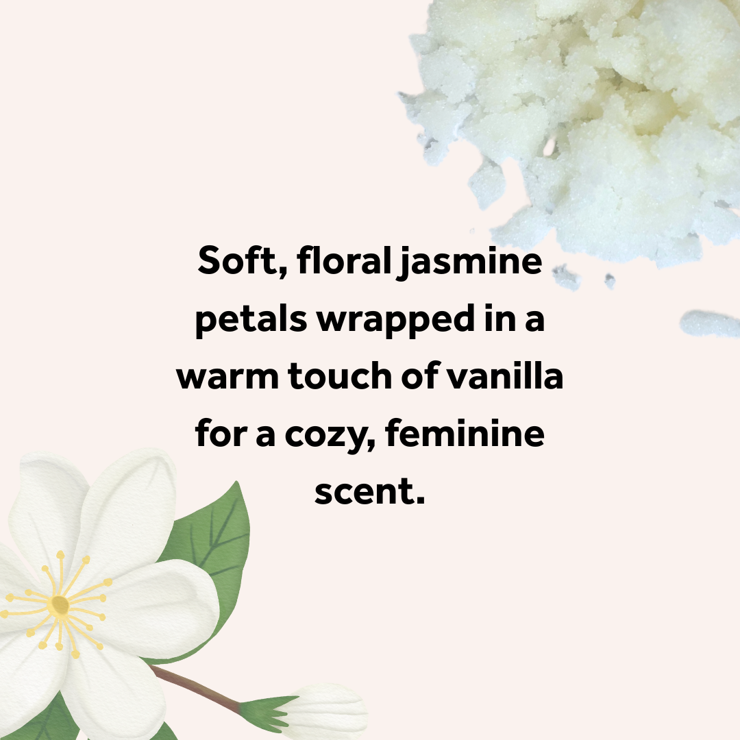 Text describing jasmine and vanilla scents with floral illustrations on a white background