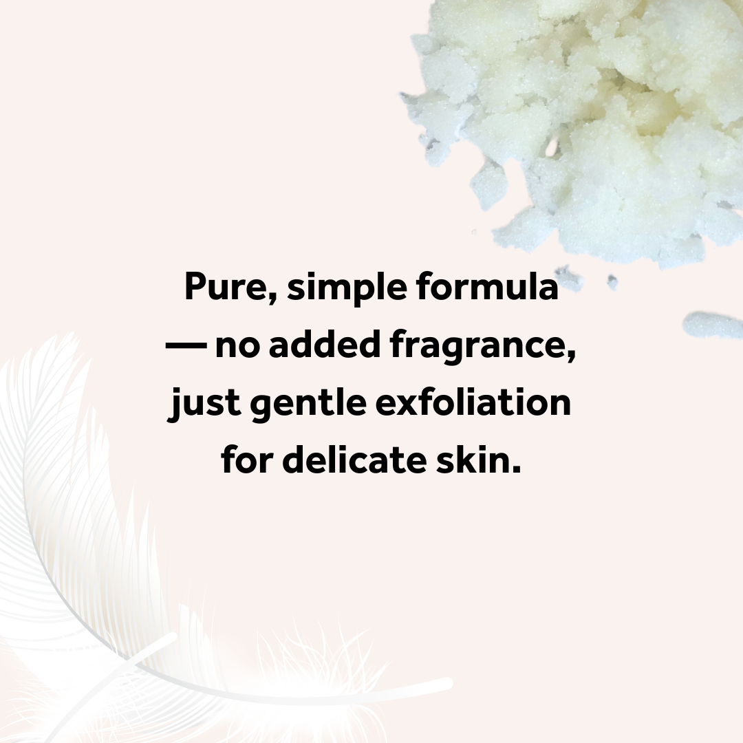 Text about a pure, simple exfoliating formula for delicate skin on a light background with exfoliating pads.