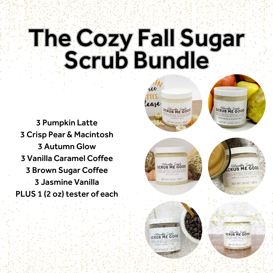 Cozy Fall Sugar Scrub Bundle with product images and names on a textured background