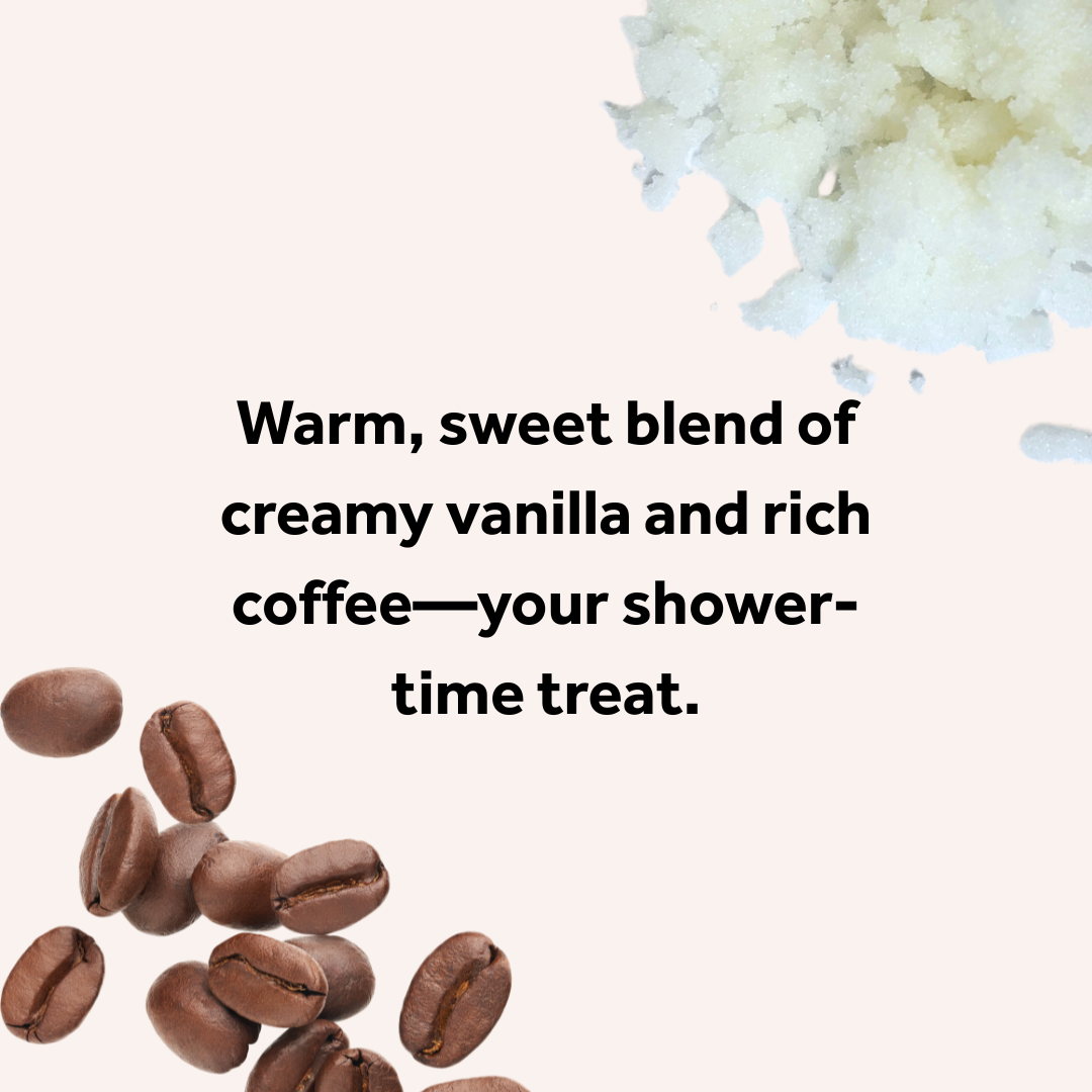 Text describing a warm, sweet blend of creamy vanilla and rich coffee with coffee beans and vanilla extract on a light background.