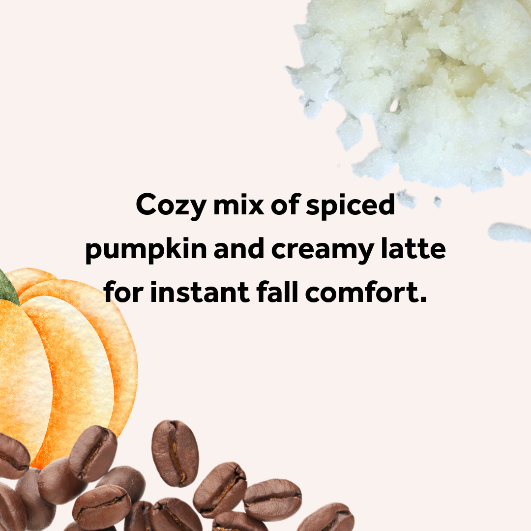 Text describing a cozy mix of spiced pumpkin and creamy latte with coffee beans and a pumpkin illustration on a white background.