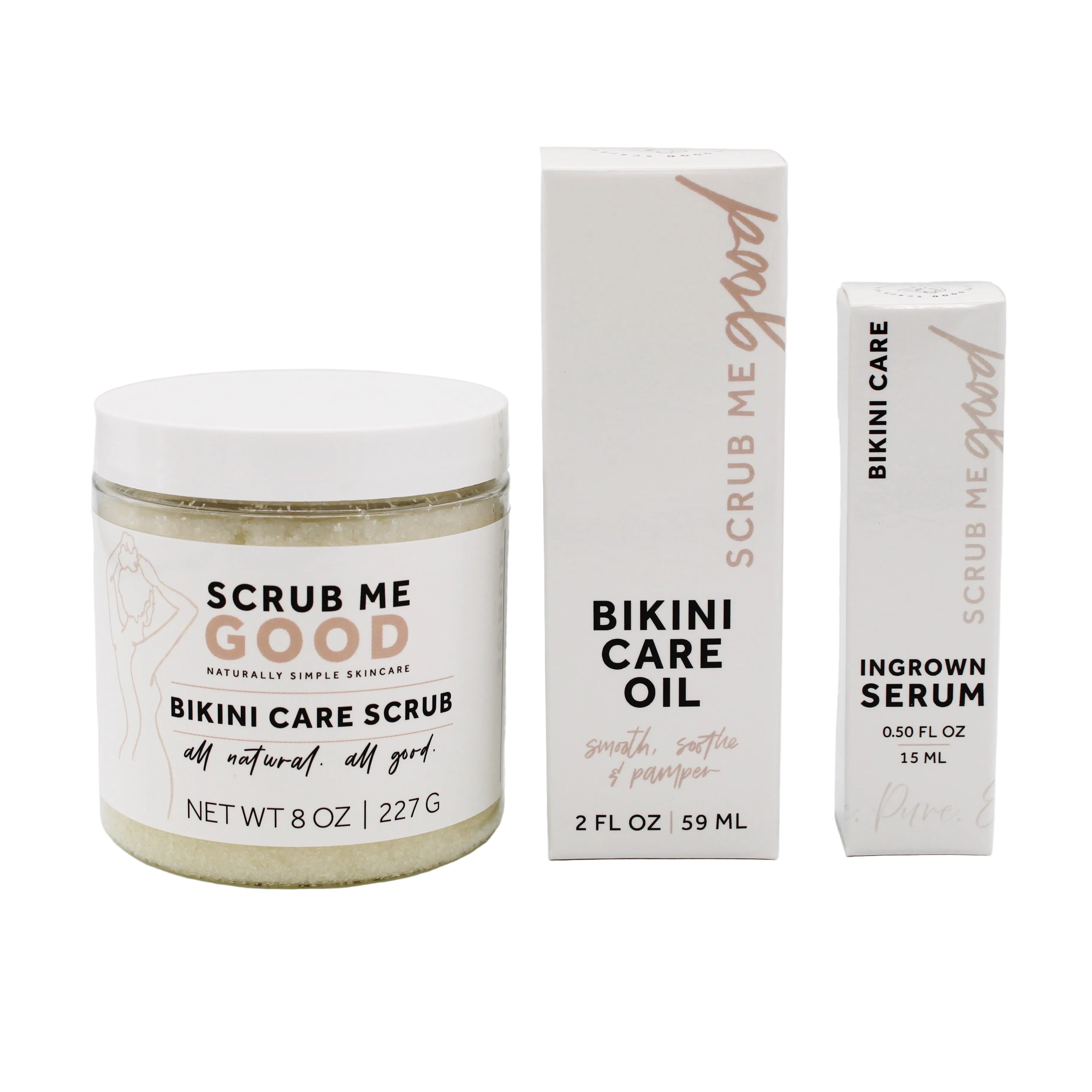 Scrub Me Good skincare products including a scrub, oil, and serum on a white background