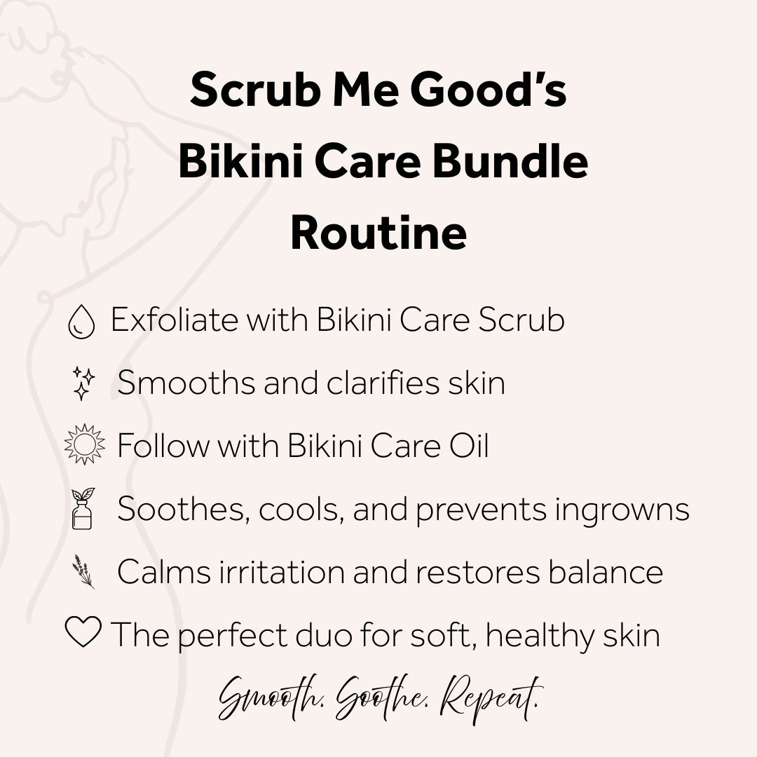 Bikini care bundle routine with scrub and oil on a white background