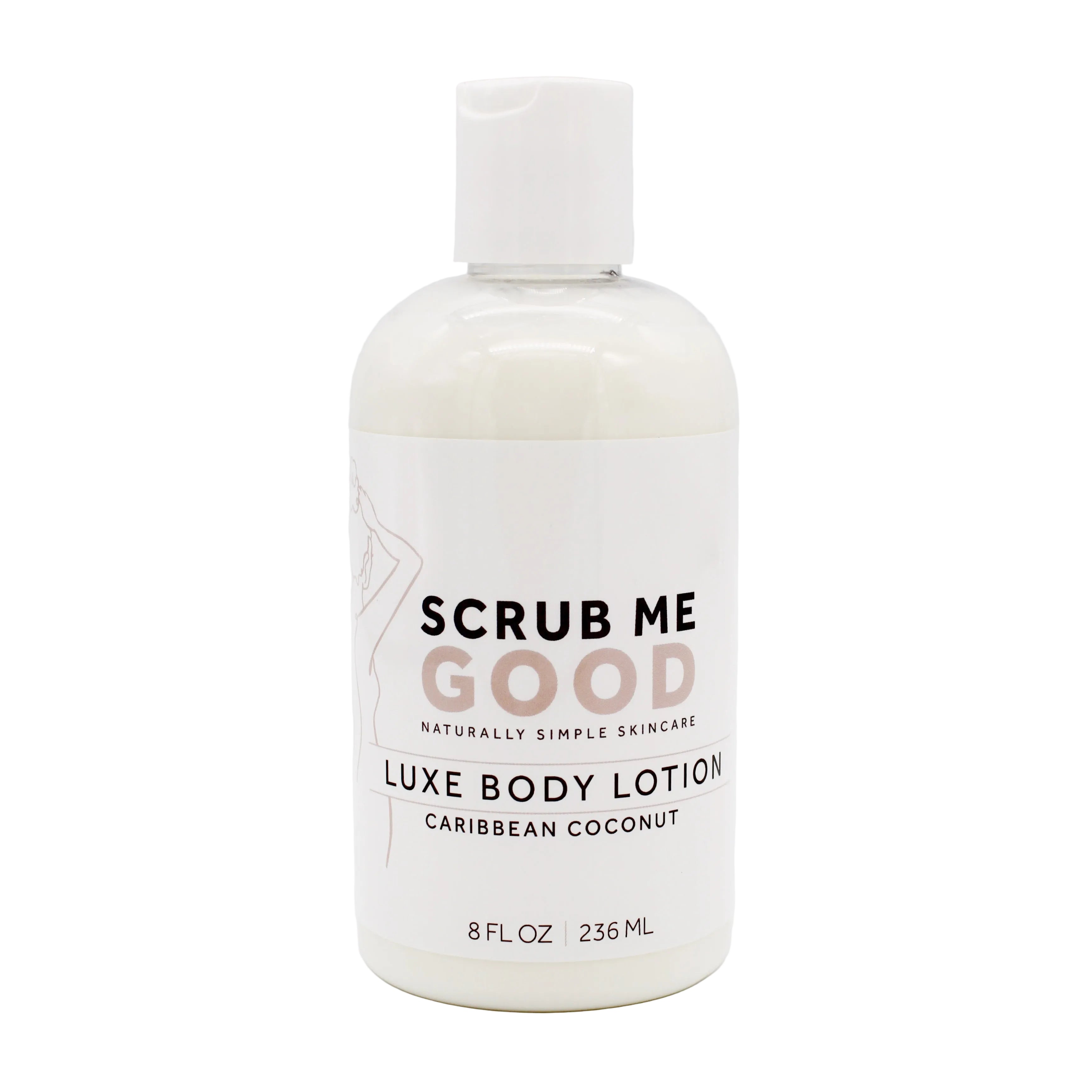 Lotion bottle labeled 'Scrub Me Good' in scent caribbean Coconut on a white background