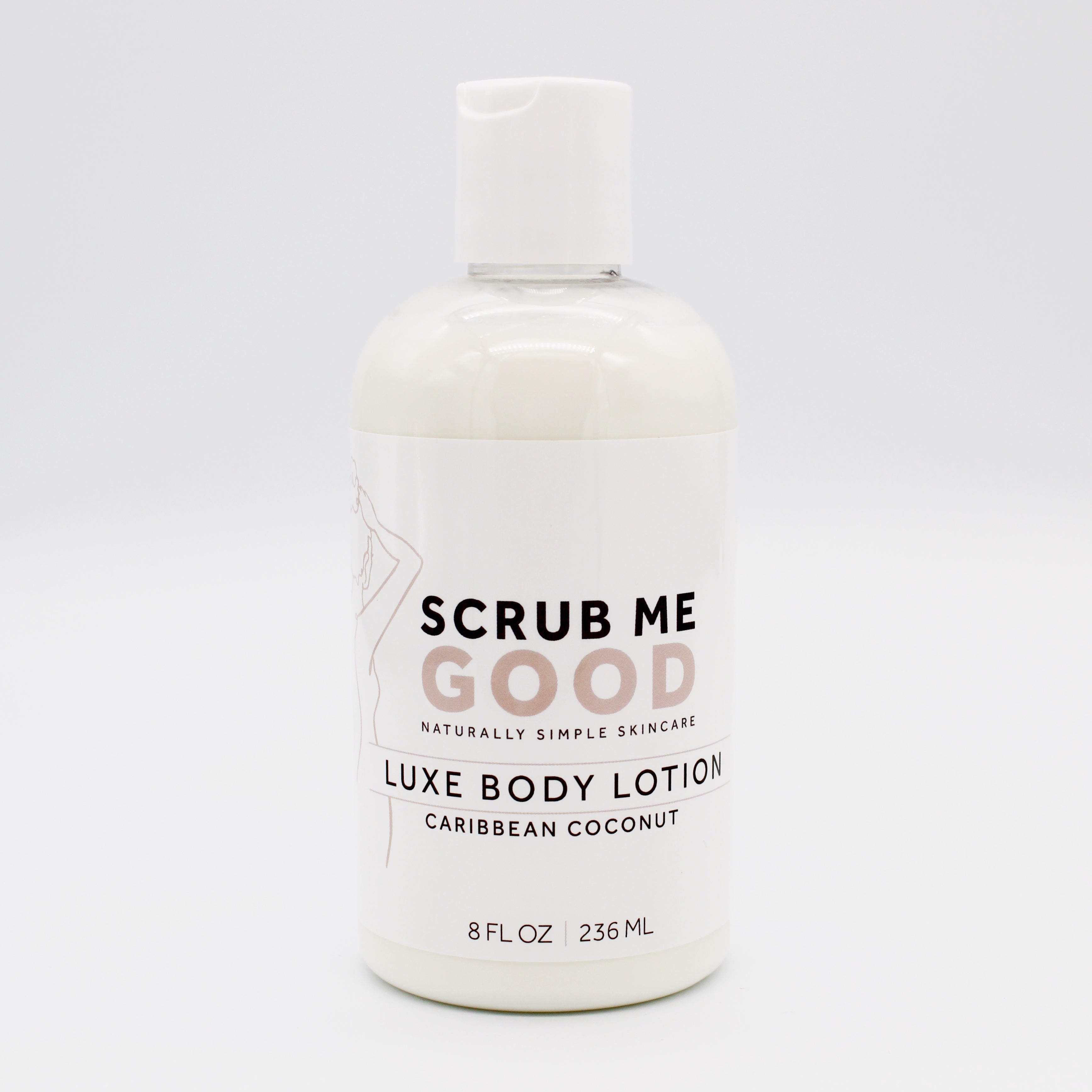 Lotion bottle labeled 'Scrub Me Good' in scent caribbean Coconut on a white background