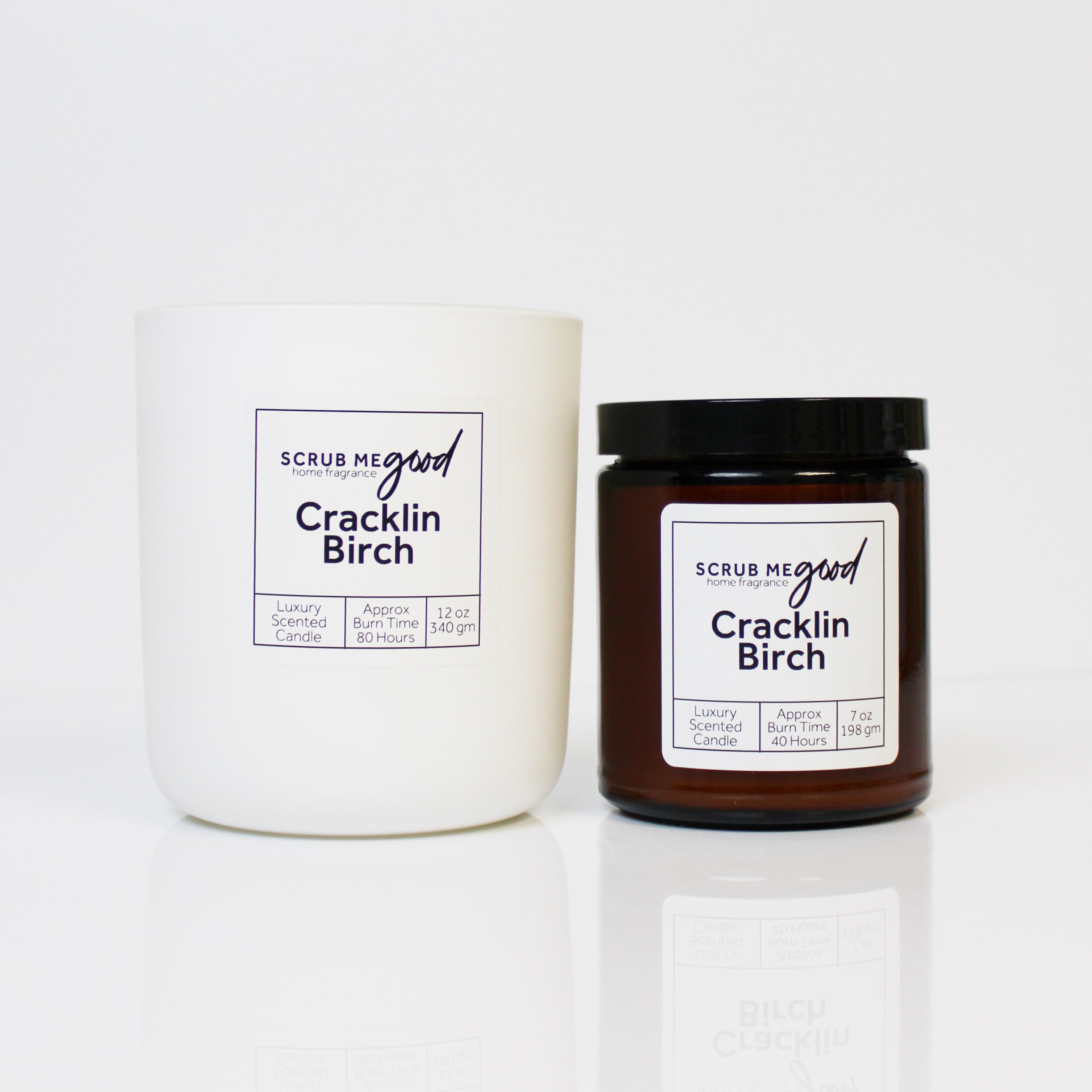 Scrub Me Good Cracklin Birch wooden wick candles in 7 oz and 12 oz sizes displayed together for a cozy fall feel.