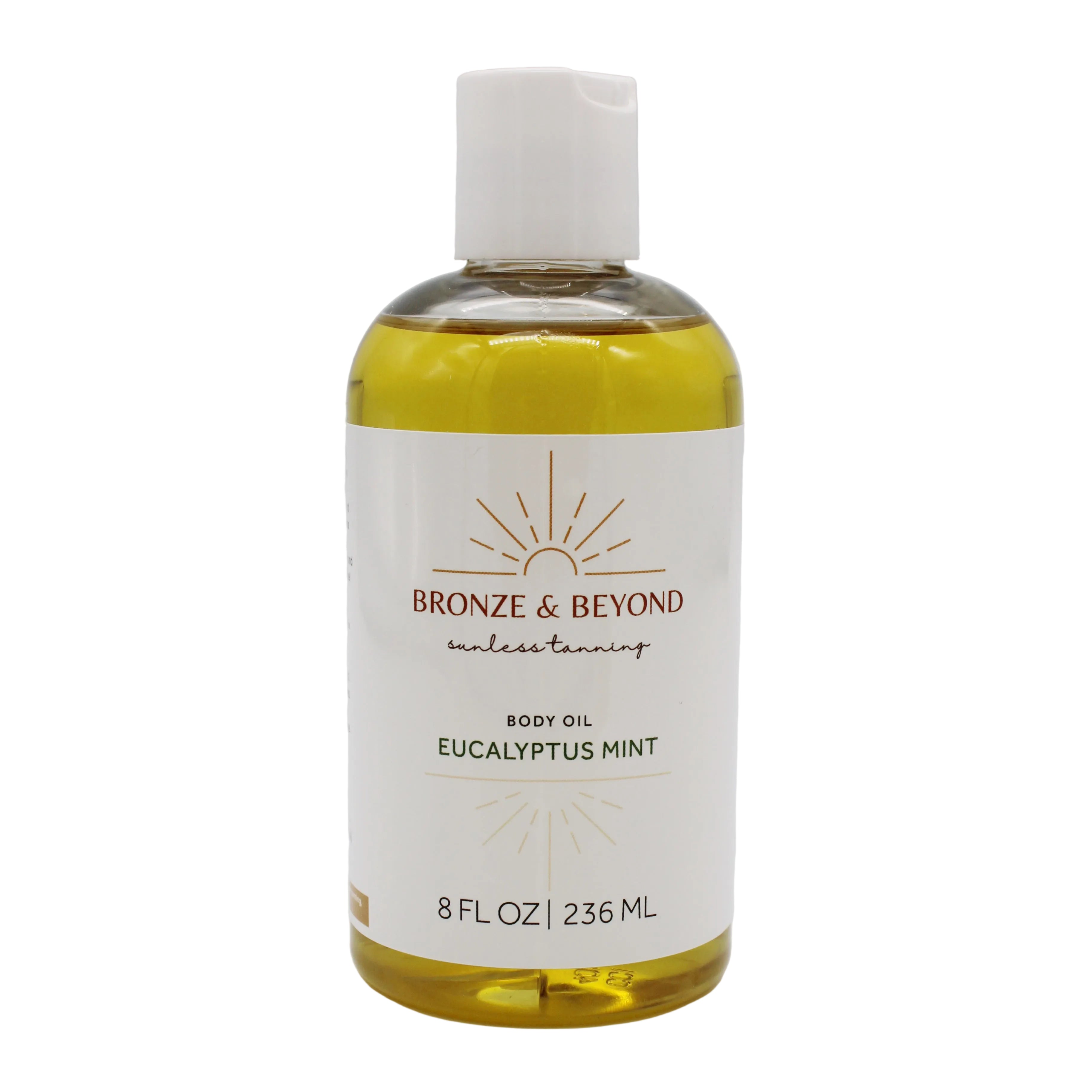 Bottle of Bronze & Beyond body oil with a white label on a light gray background