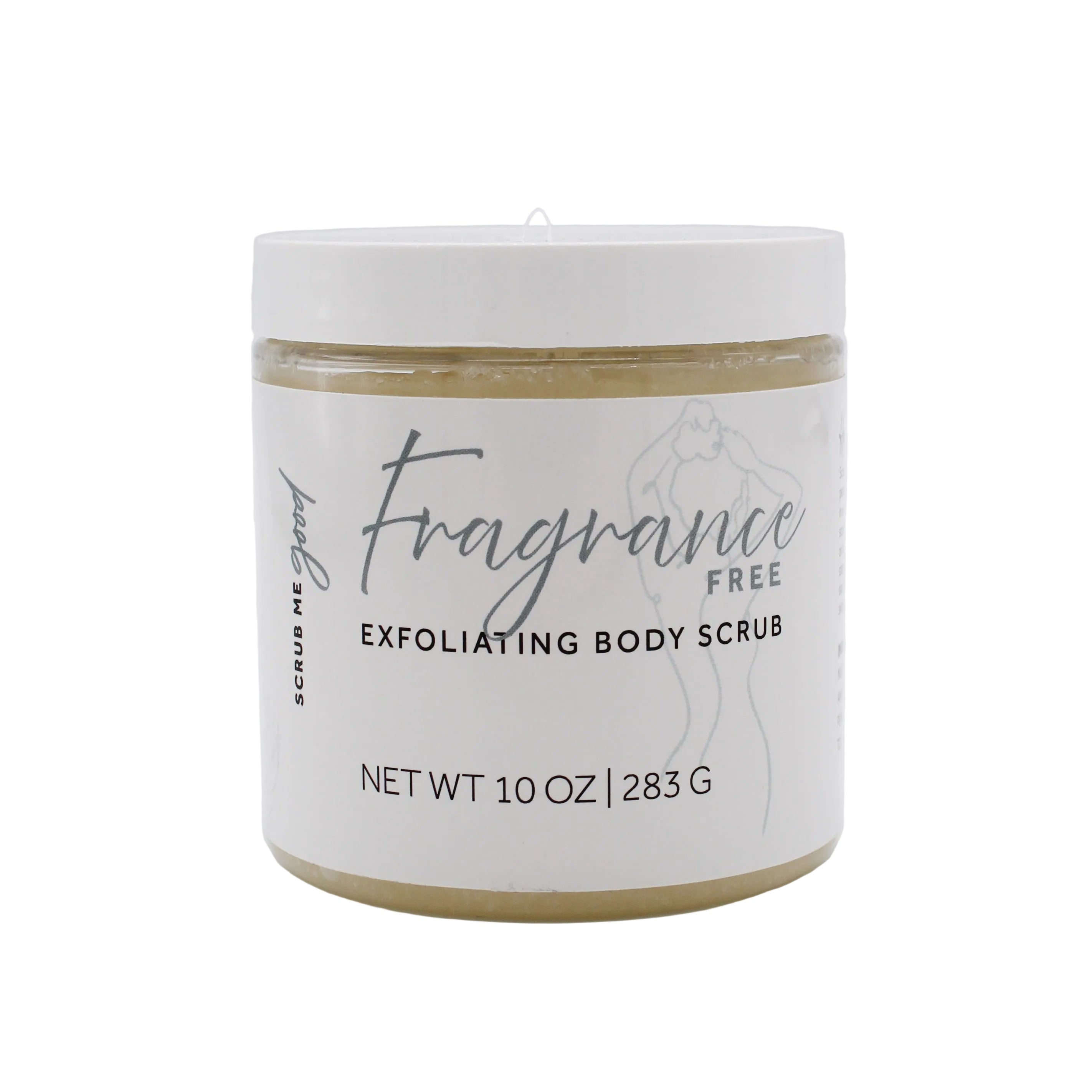 10 oz jar of fragrance free body scrub by scrub me good on white backround