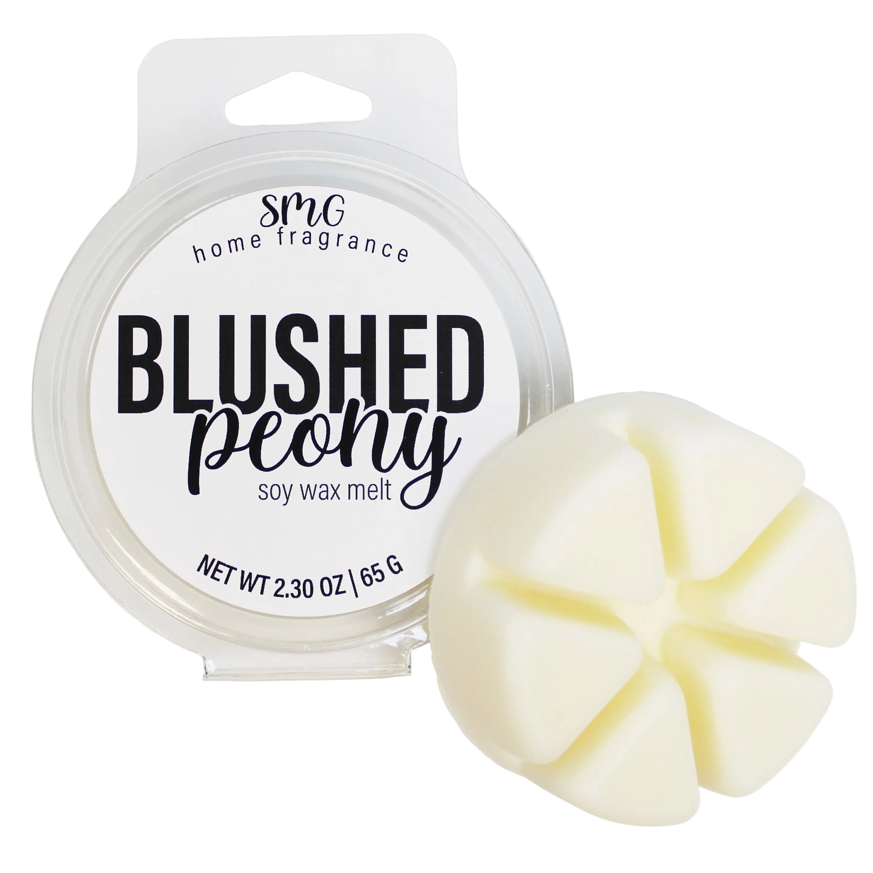 Soy wax melt with 'Blushed Peony' fragrance on a white background