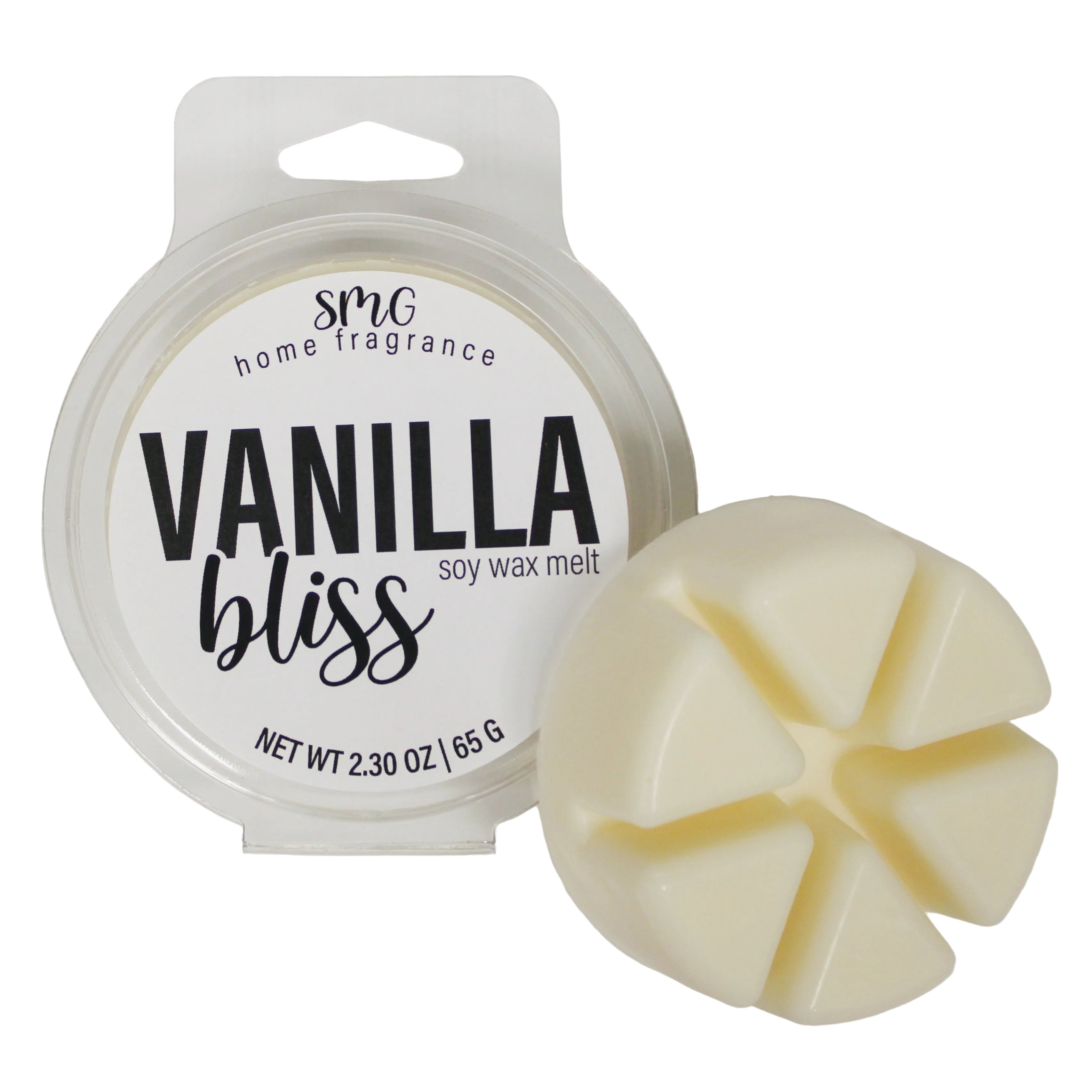 Vanilla bliss soy wax melt with packaging on a white background
