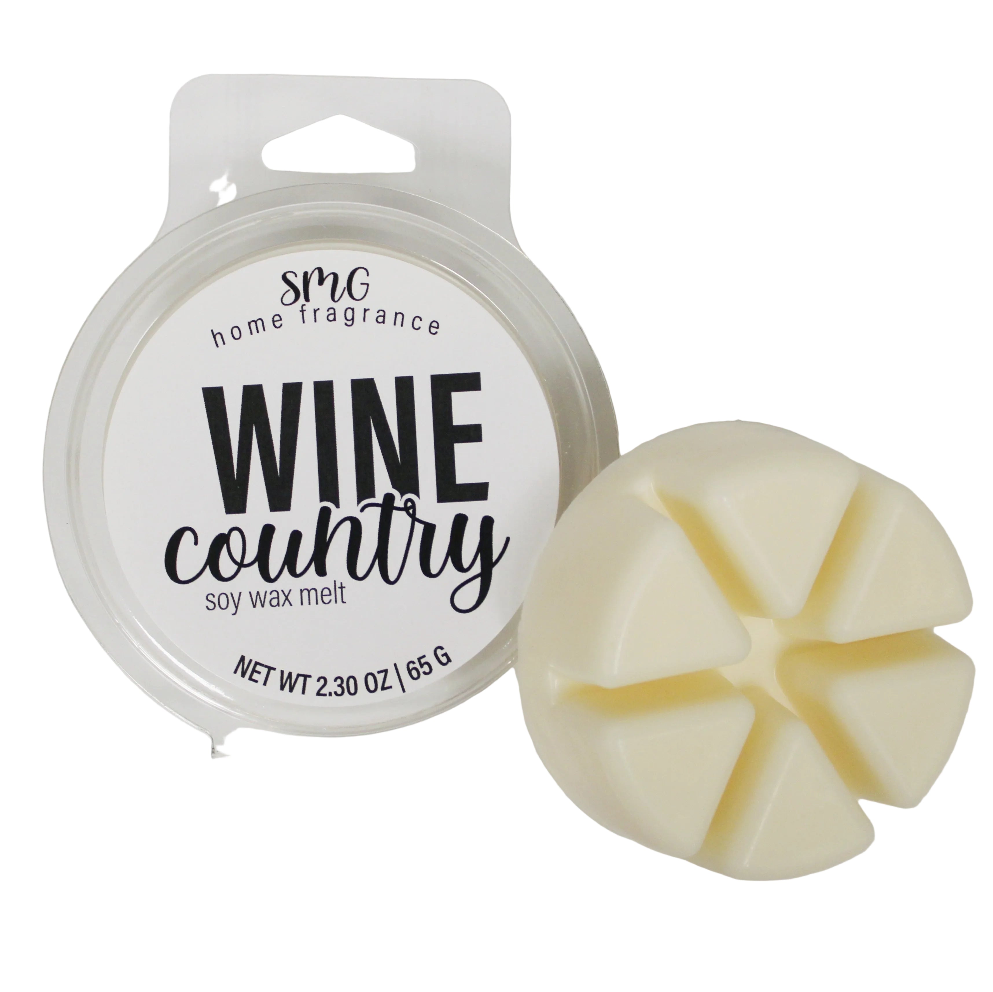 Soy wax melt with 'Wine Country' label on a white background