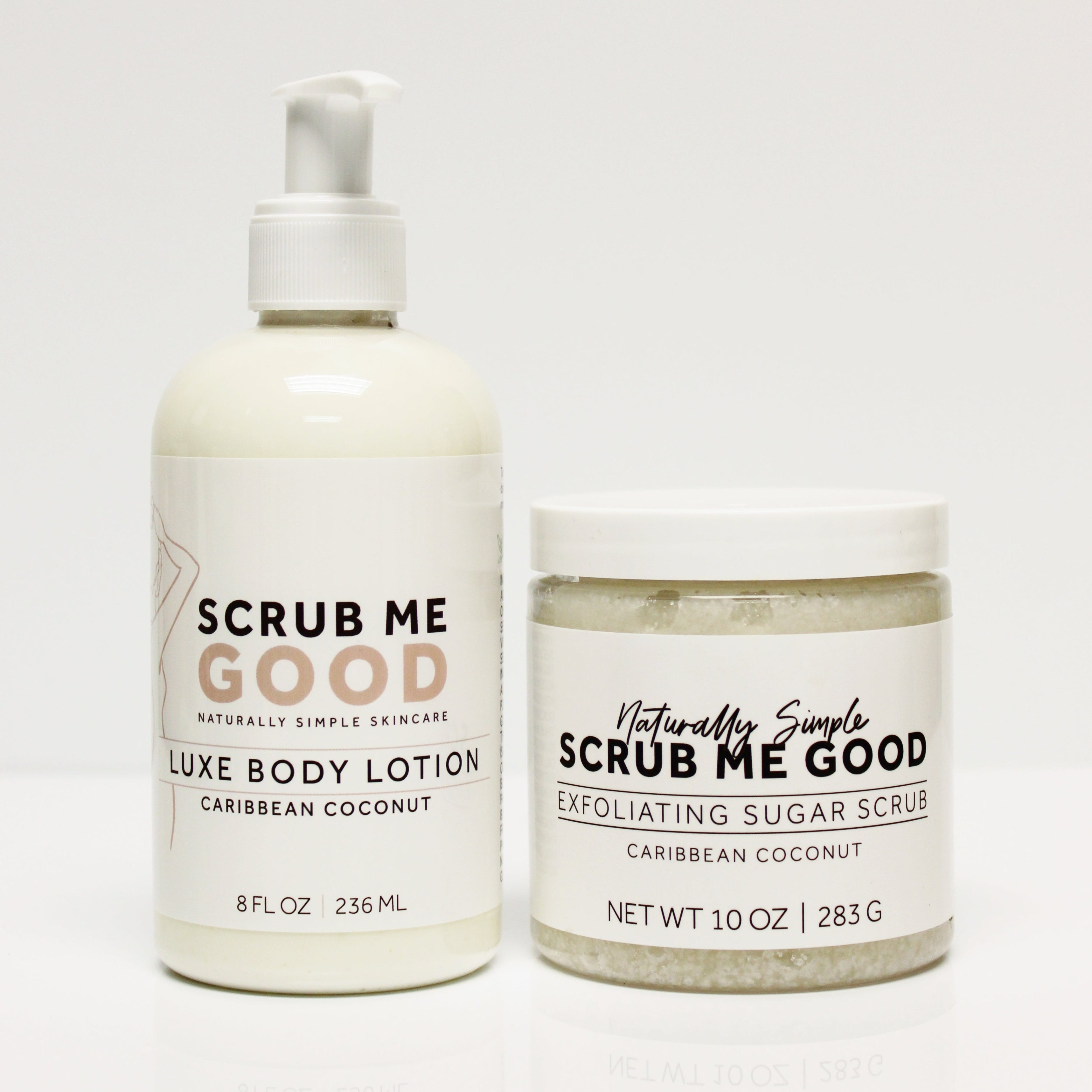 Caribbean Coconut Luxe Body Lotion and Exfoliating Sugar Scrub on White Backround