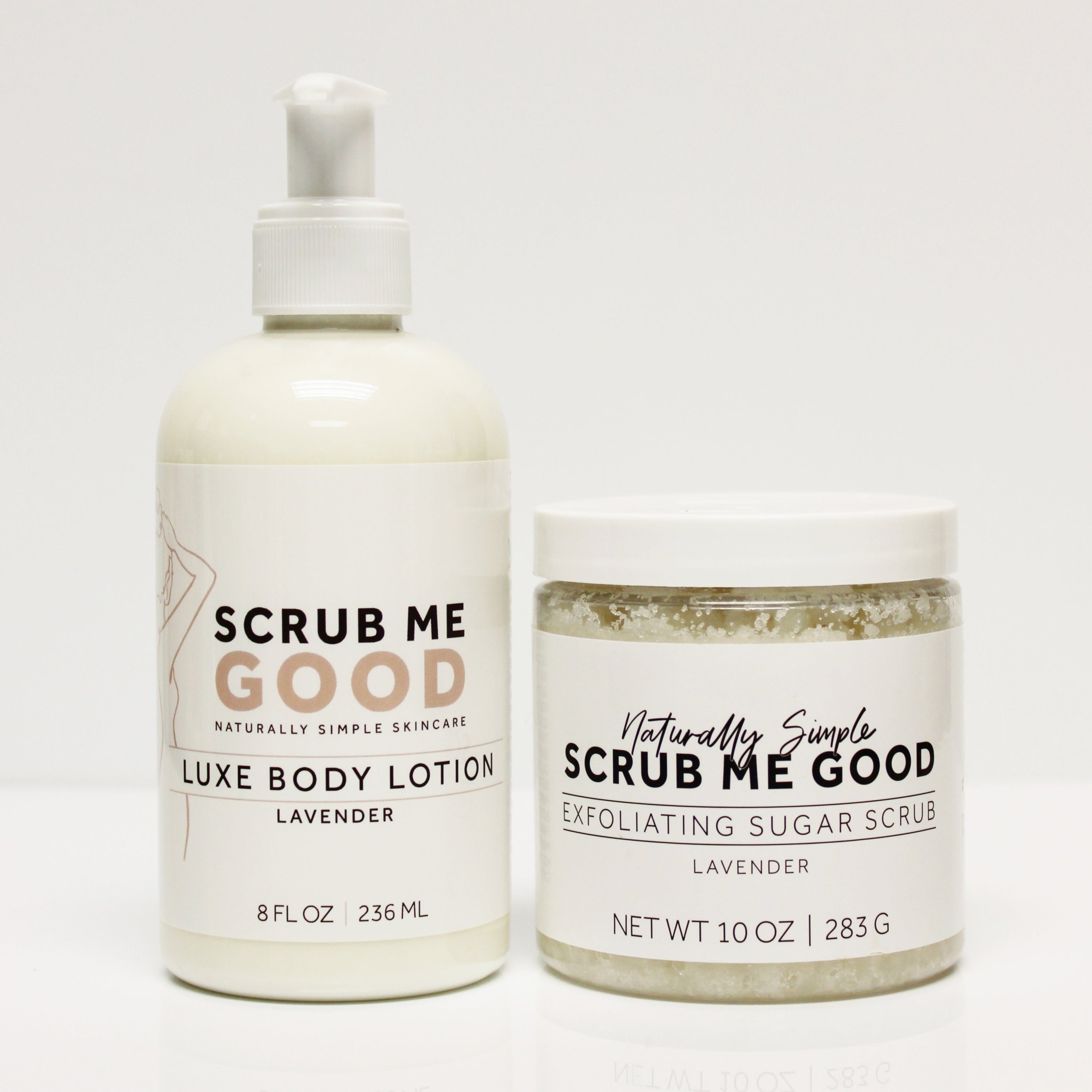 Lavender Luxe Body Lotion and Exfoliating Sugar Scrub on white backround