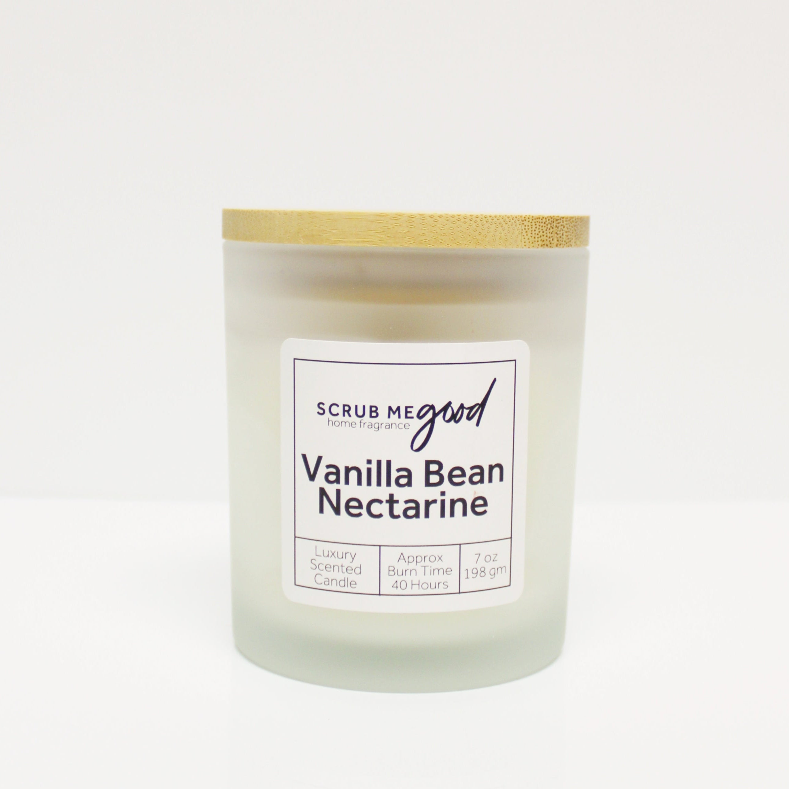 Vanilla Bean Nectarine Candle – 7 oz frosted glass jar with coconut apricot wax and wooden wick and white minimalistlabel