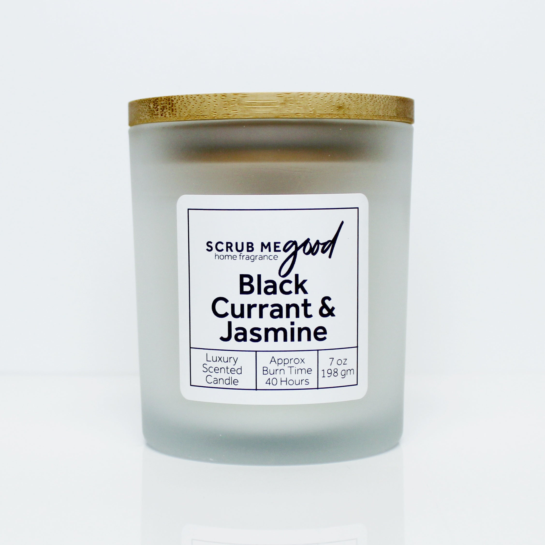 Black Currant & Jasmine Candle in 7 oz frosted glass jar with matching lid