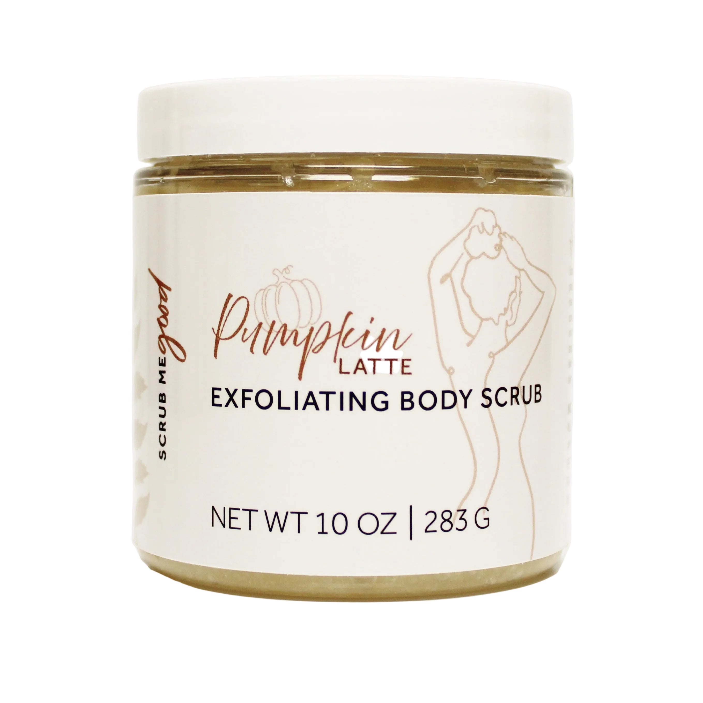 Jar of Pumpkin Latte Exfoliating Body Scrub with branding on a white background