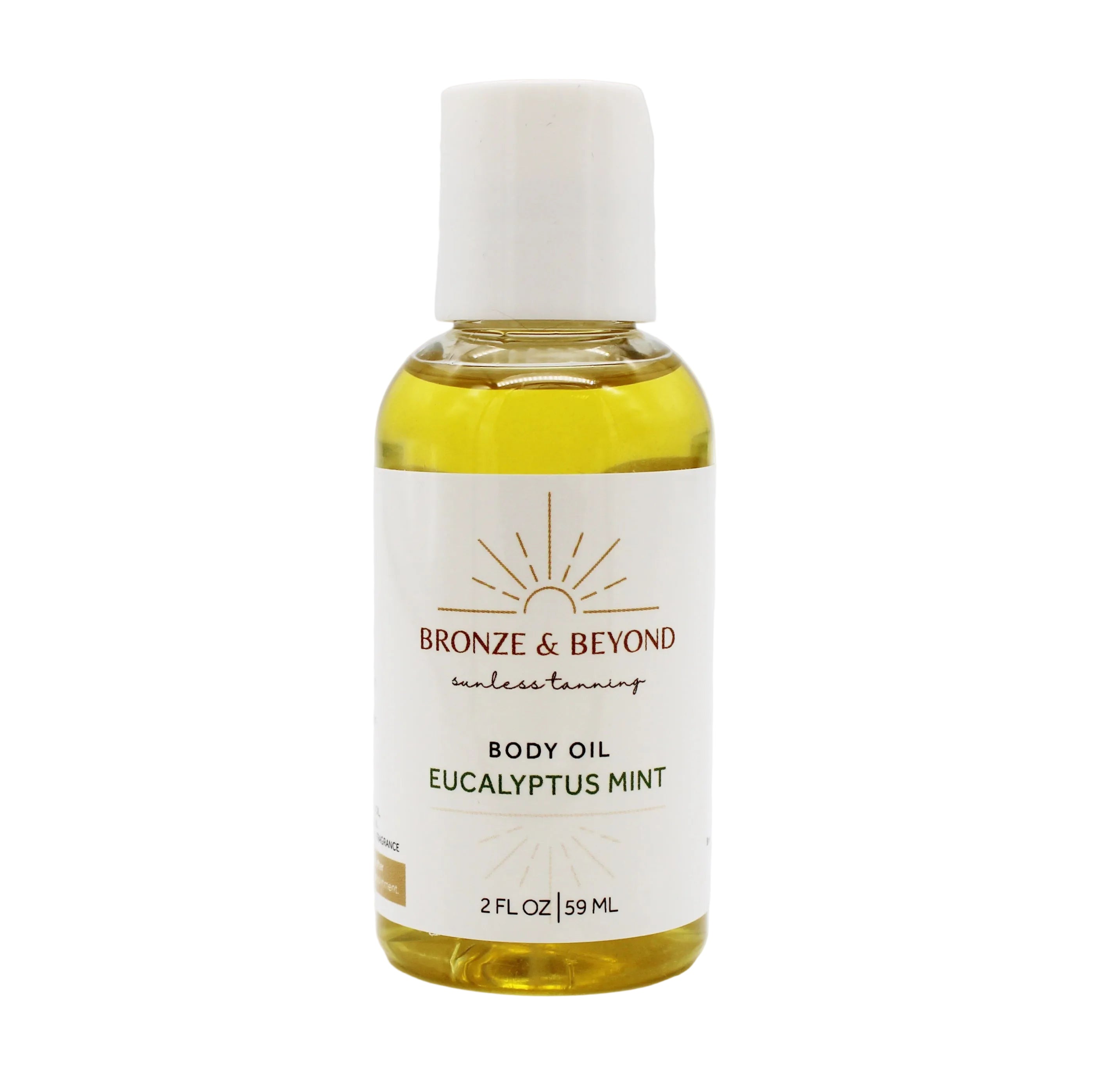 Bottle of Bronze & Beyond tan safe Eucalyptus Mint body oil on a white background