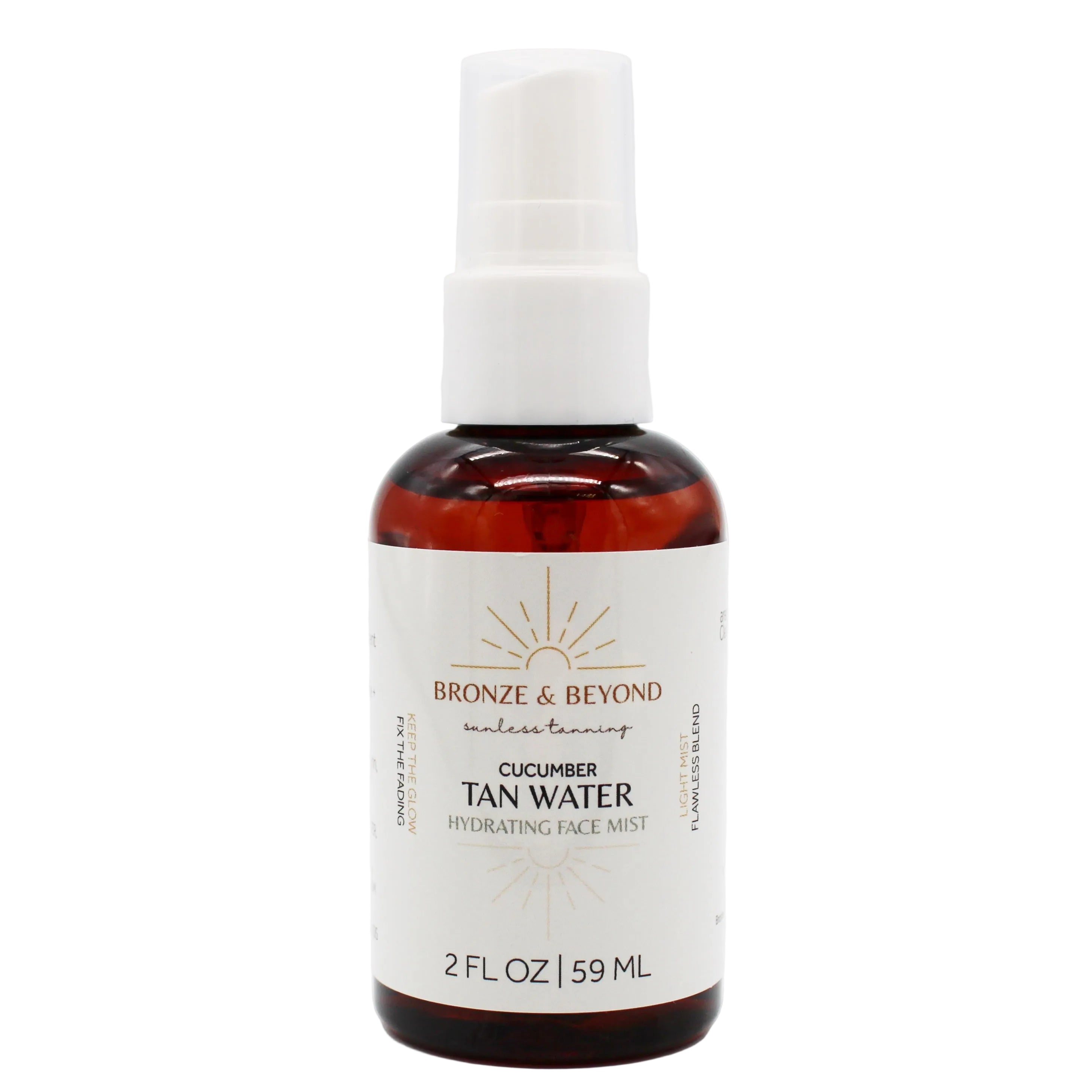 Bottle of Bronze & Beyond Cucumber Tan Water hydrating face mist on a white background