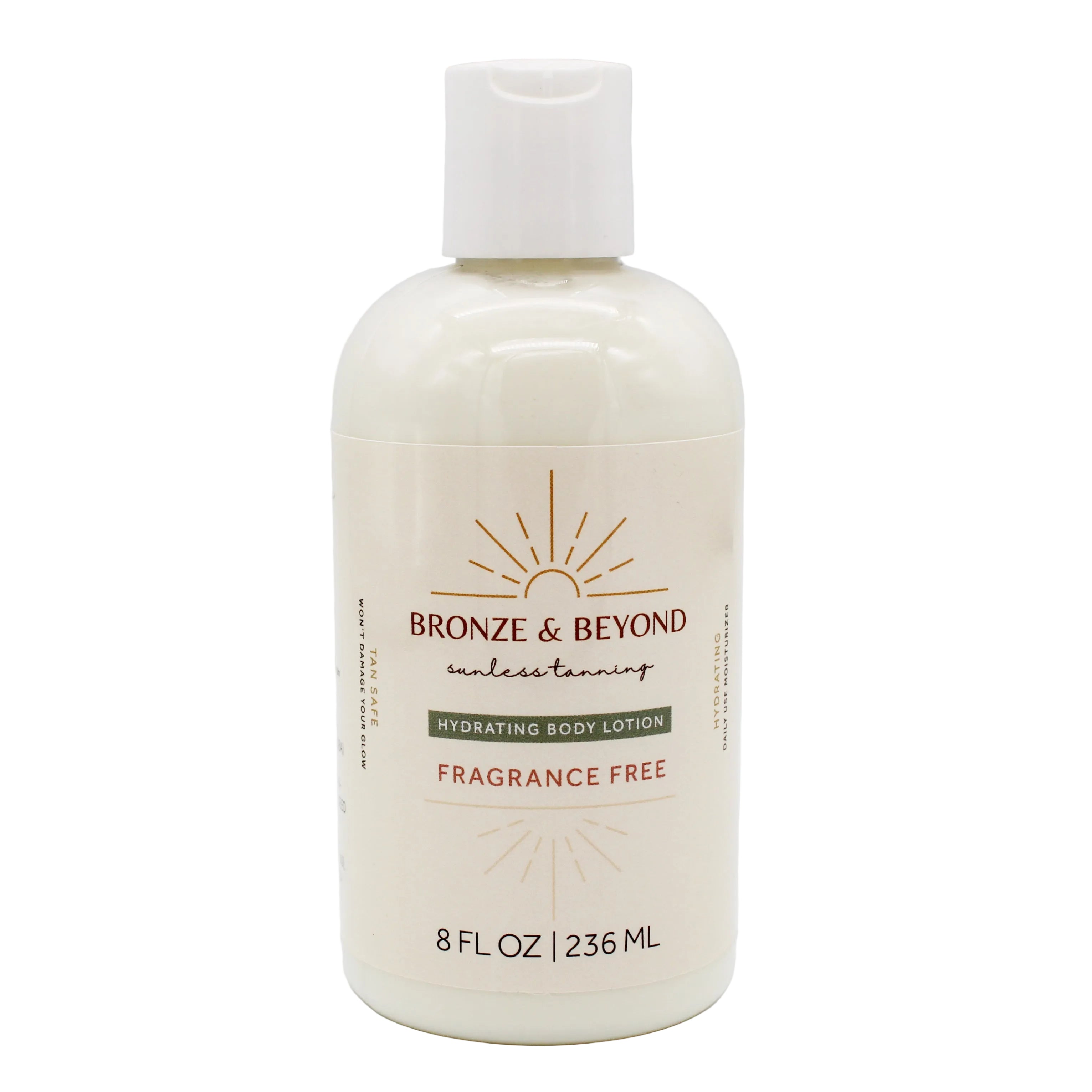 Bottle of Bronze & Beyond unscented tan safe body lotion on a white background