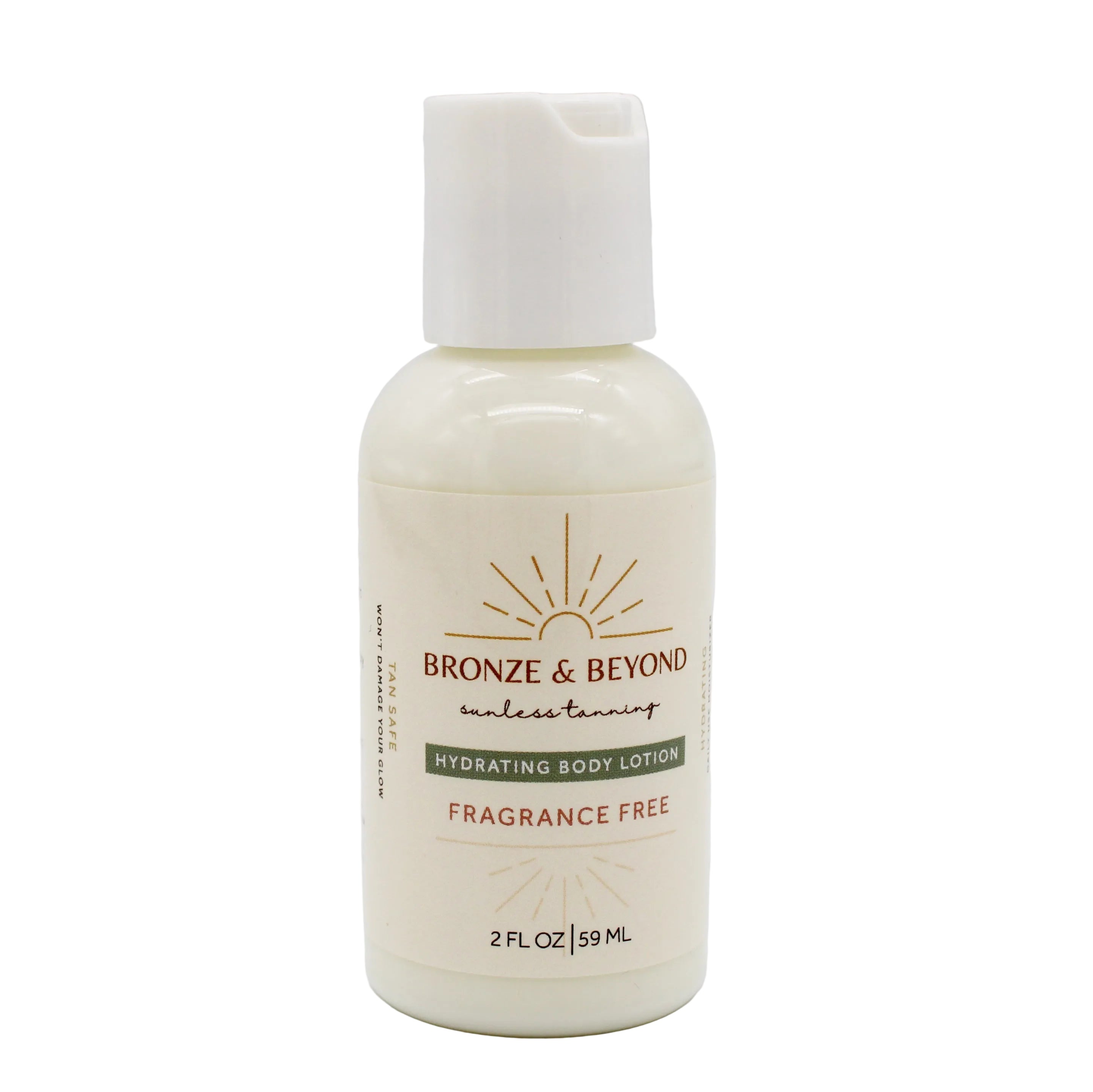 Bottle of Bronze & Beyond hydrating body lotion fragrance free on a white background
