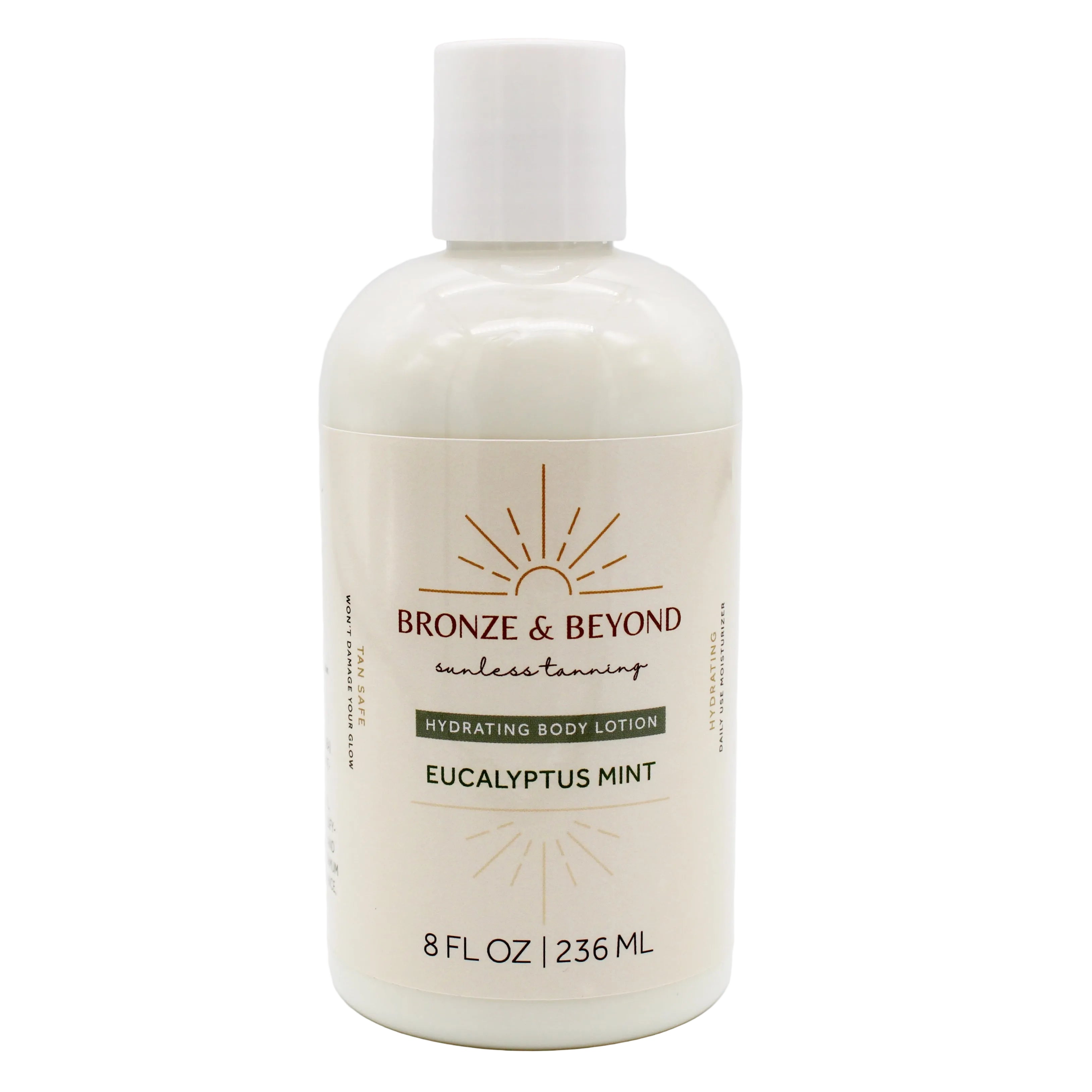 Bottle of Bronze & Beyond eucalyptus mint tan safe body lotion on a white background