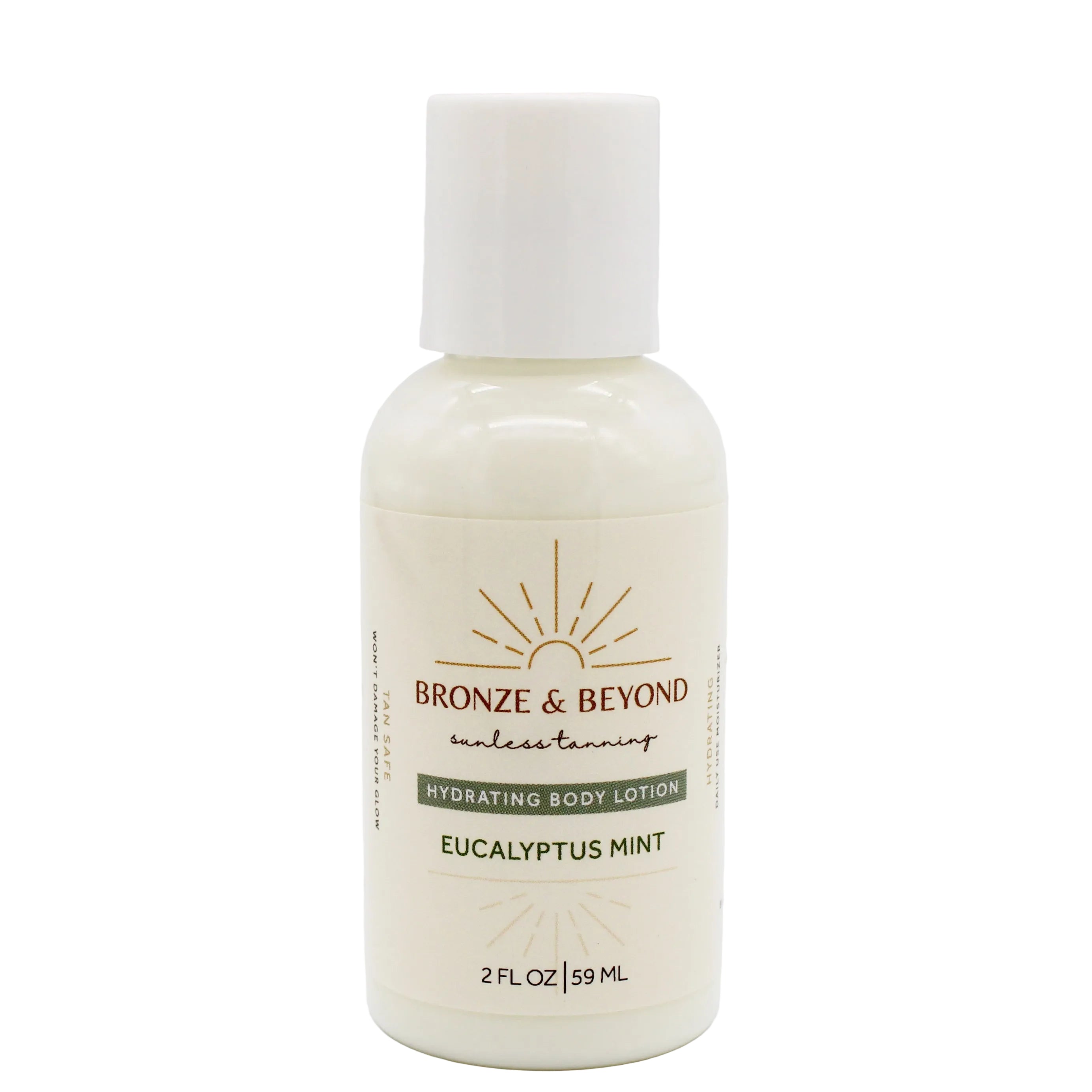 Bottle of Bronze & Beyond hydrating body lotion with Eucalyptus Mint scent on a white background