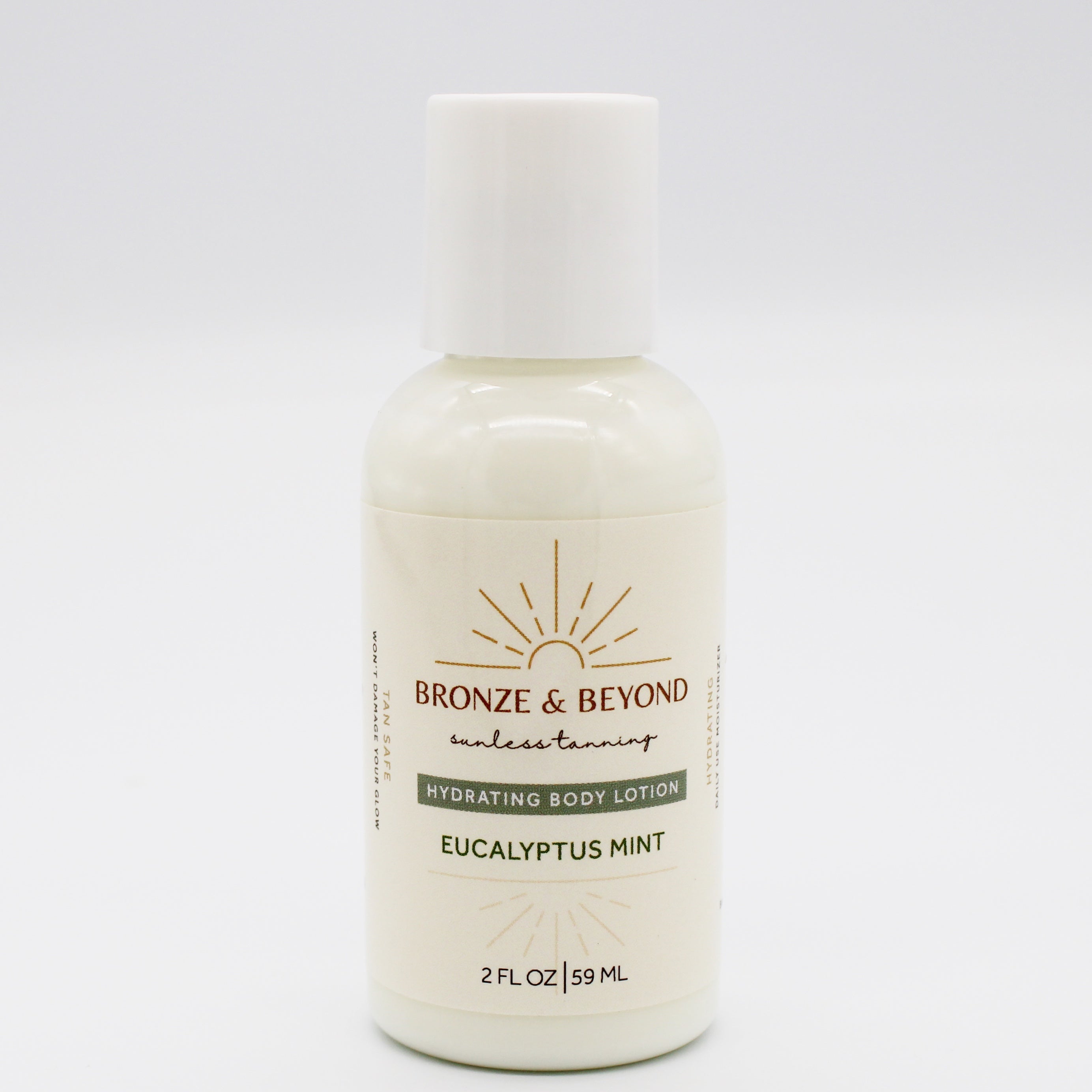 Bottle of Bronze & Beyond hydrating body lotion with Eucalyptus Mint scent on a white background