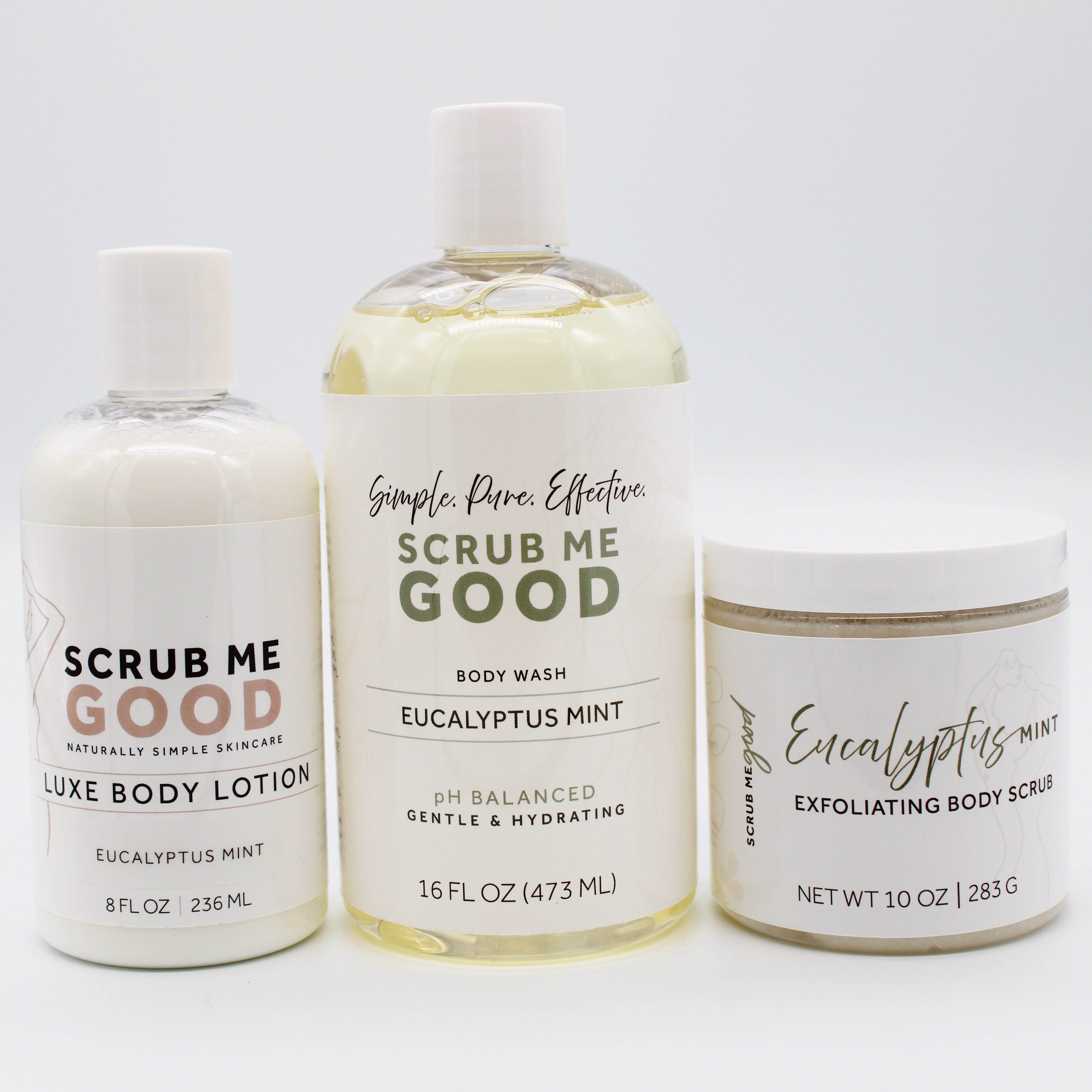 Scrub Me Goods trio of eucalyptus mint lotion, ph balanced body wash, and exfoliating body scrub