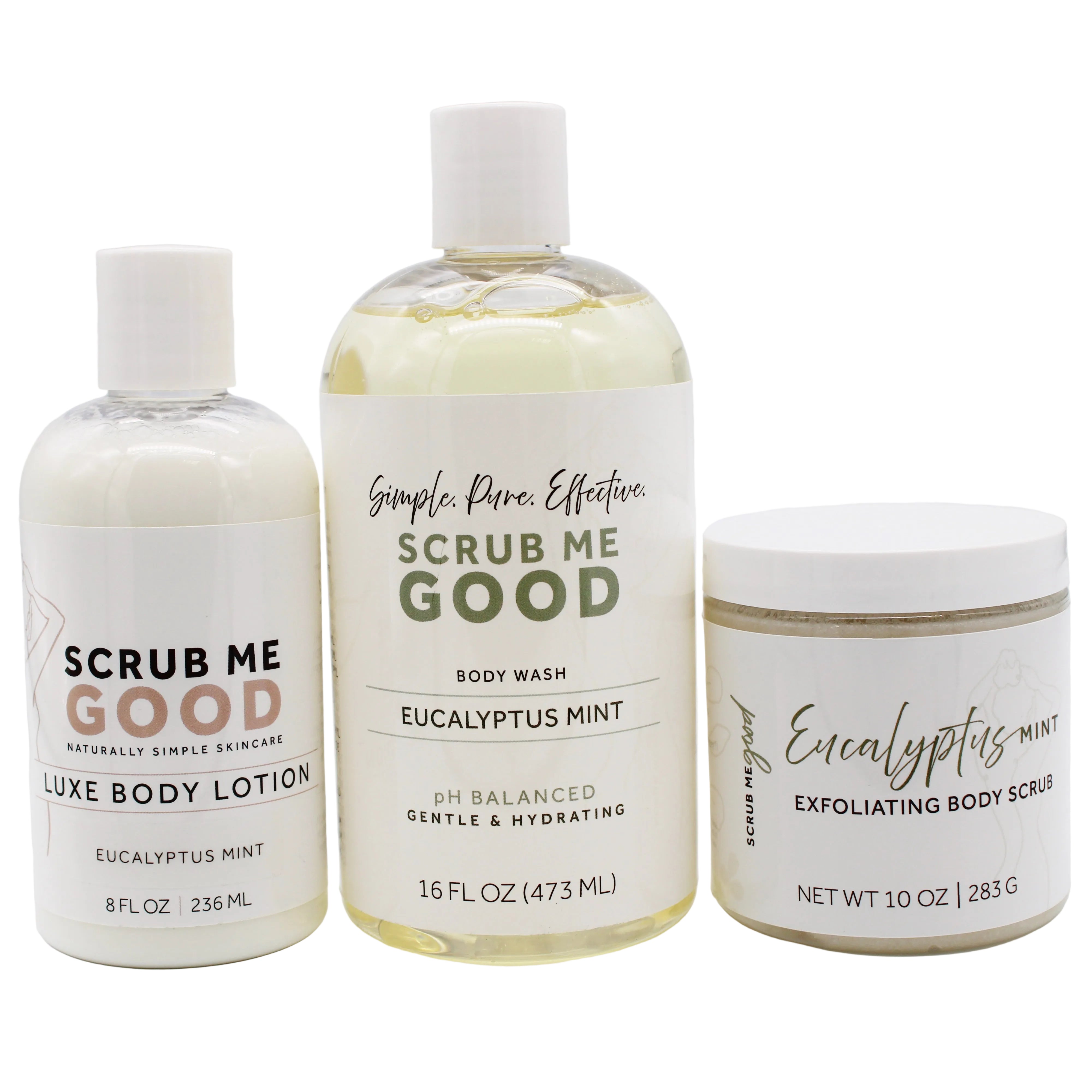 Scrub Me Goods trio of eucalyptus mint lotion, ph balanced body wash, and exfoliating body scrub