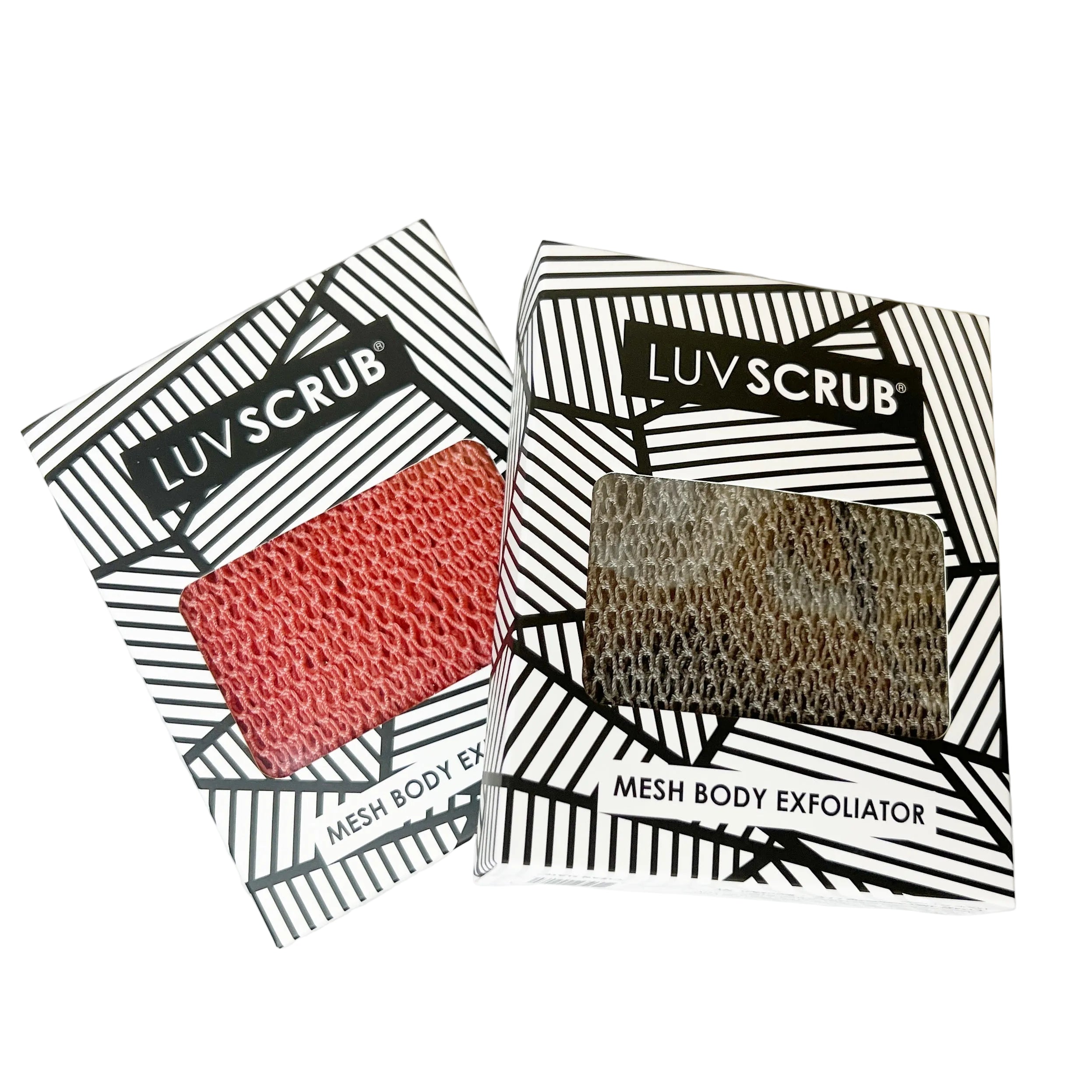 Two LUVSCRUB mesh body exfoliators in packaging on a white background