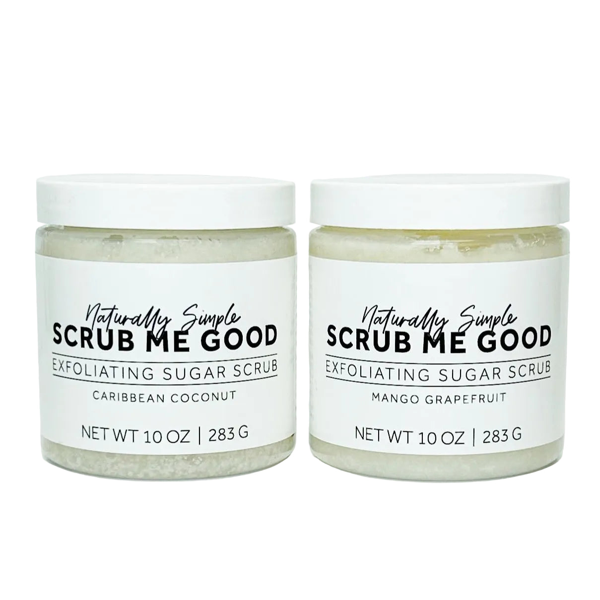 Two jars of 'Scrub Me Good' exfoliating sugar scrub on a white background