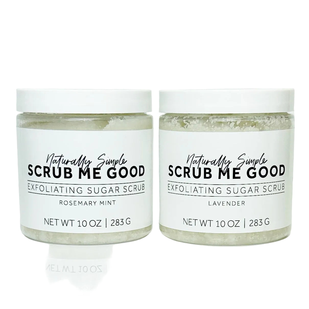 Two jars of 'Scrub Me Good' exfoliating sugar scrub on a white background