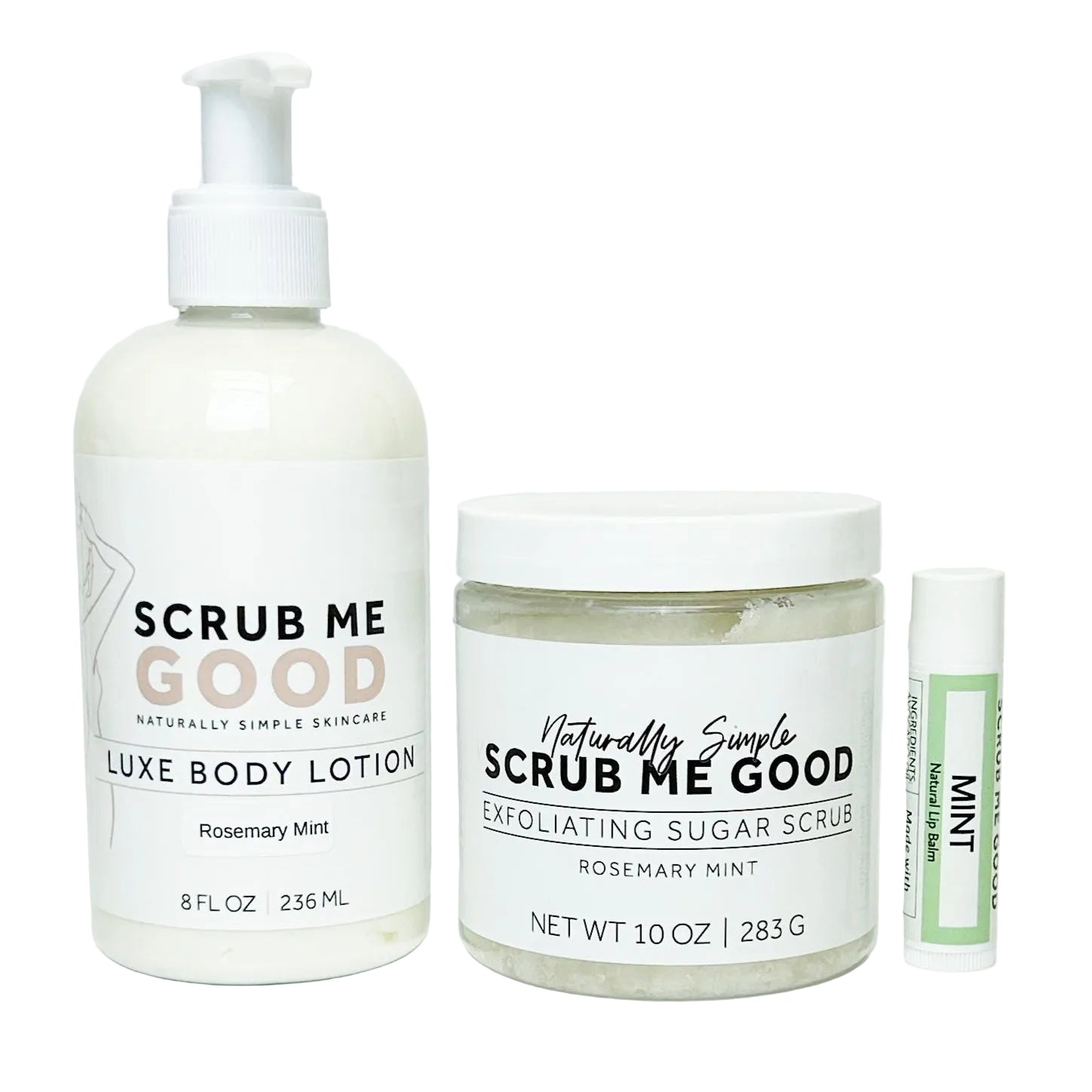 Three skincare products from 'Scrub Me Good' on a white background