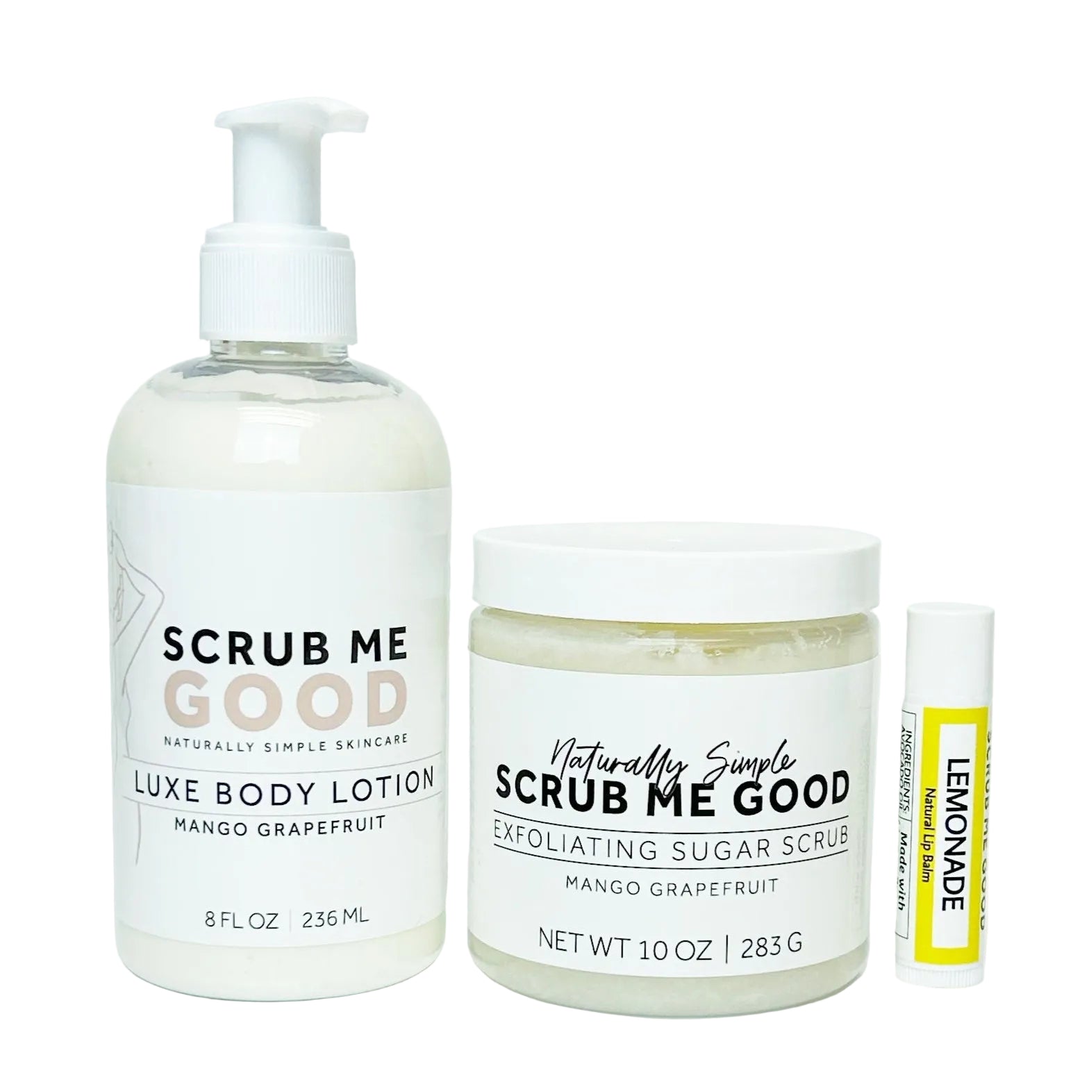 Set of Scrub Me Good skincare products including lotion, scrub, and body wash on a white background