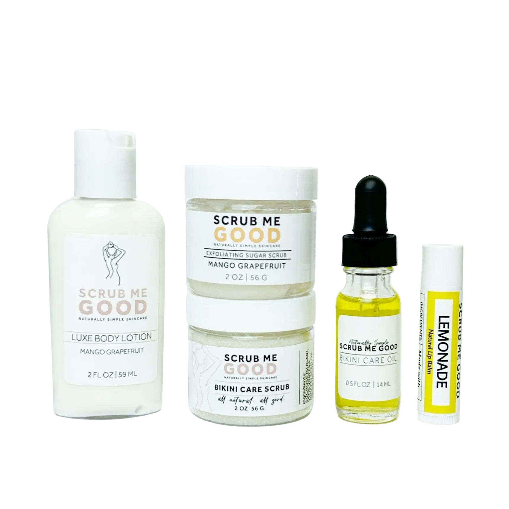 Collection of Scrub Me Good skincare products on a white background