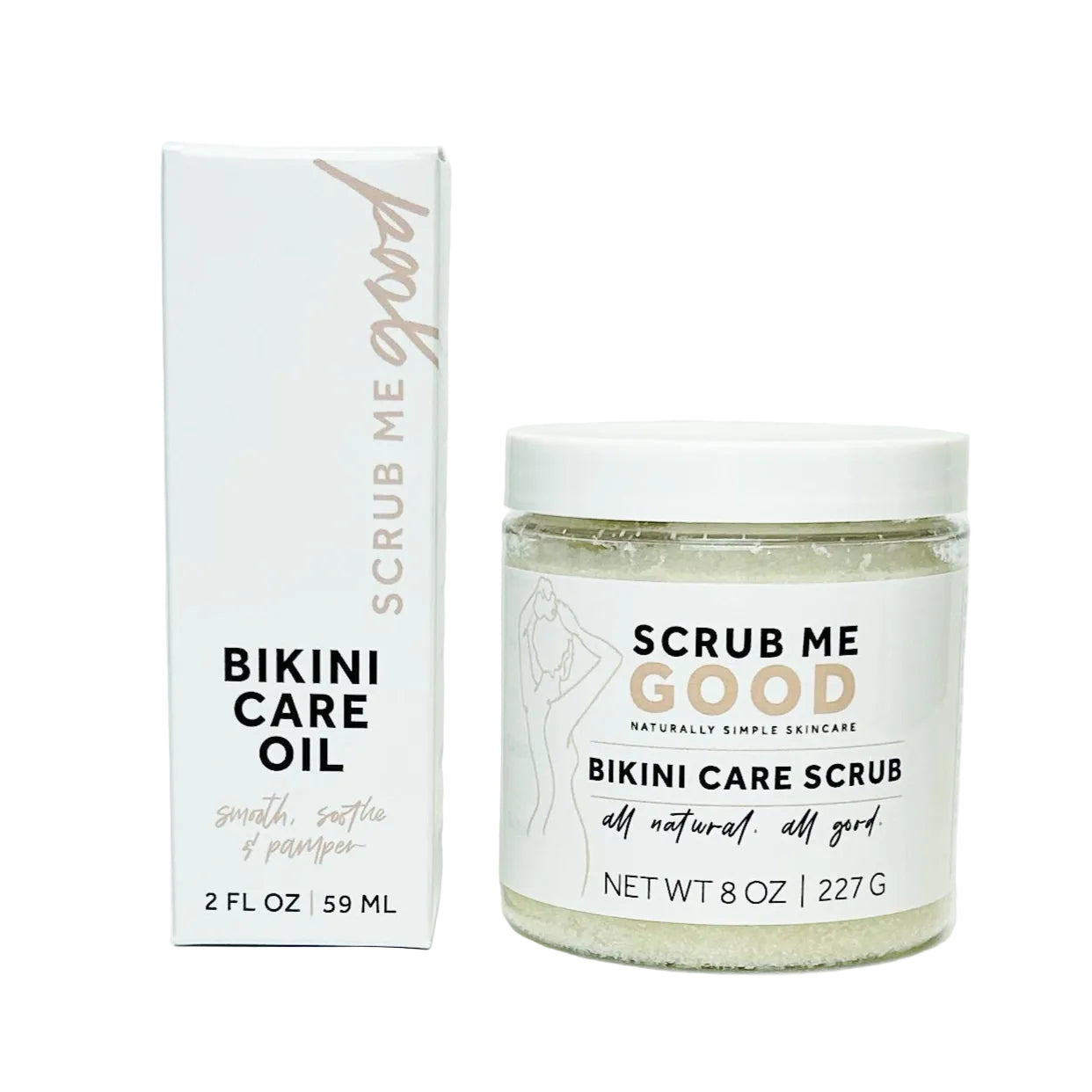 Scrub Me Good bikini care oil and scrub on a white background