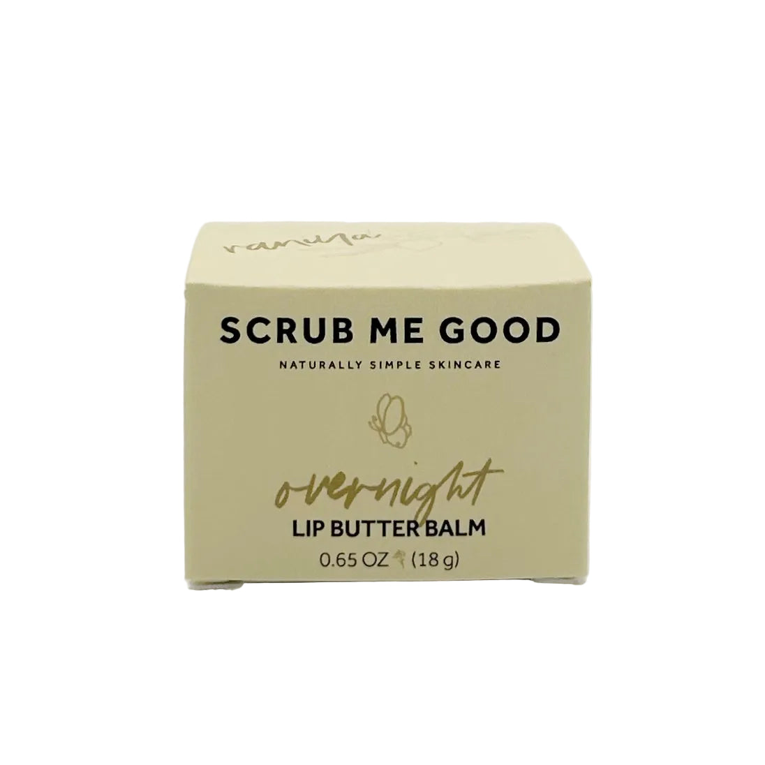 Beige box of 'Scrub Me Good' overnight lip butter balm on a white background