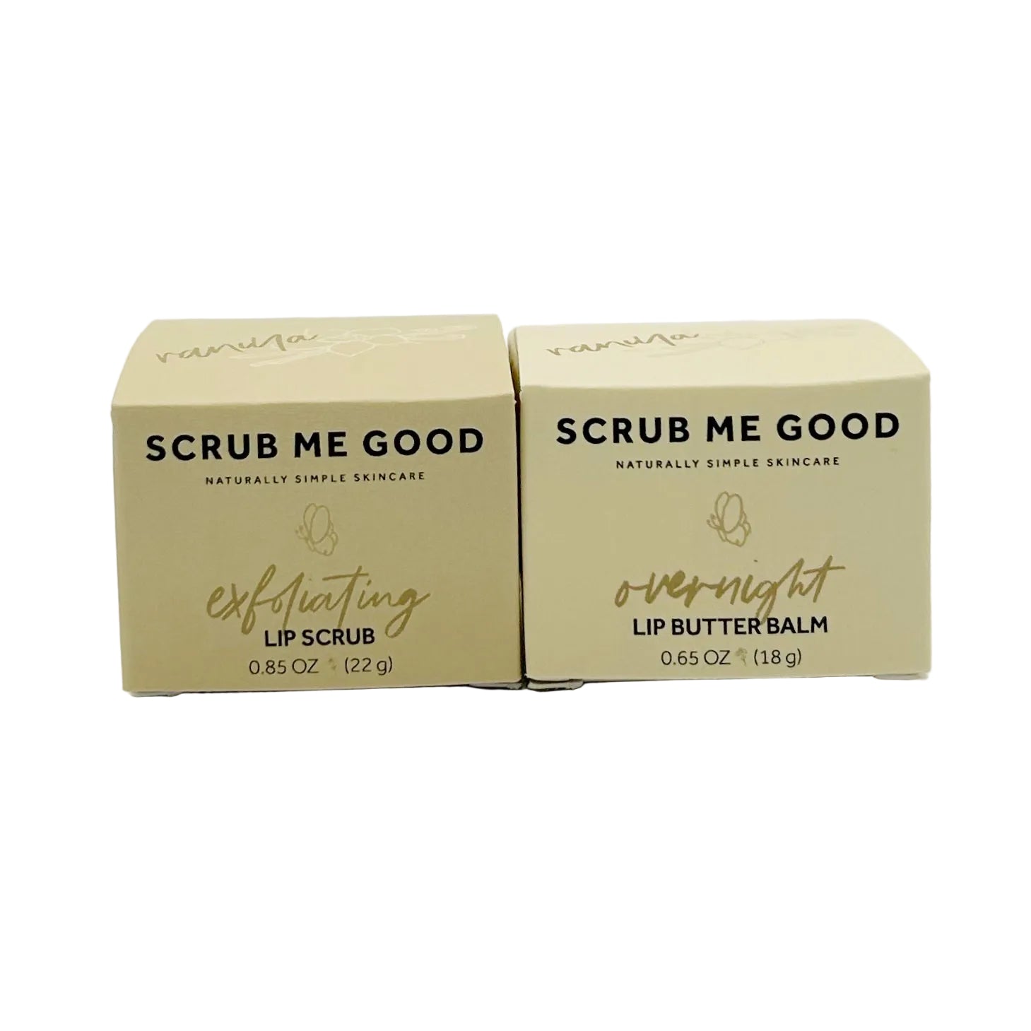 Two 'Scrub Me Good' lip care products on a white background