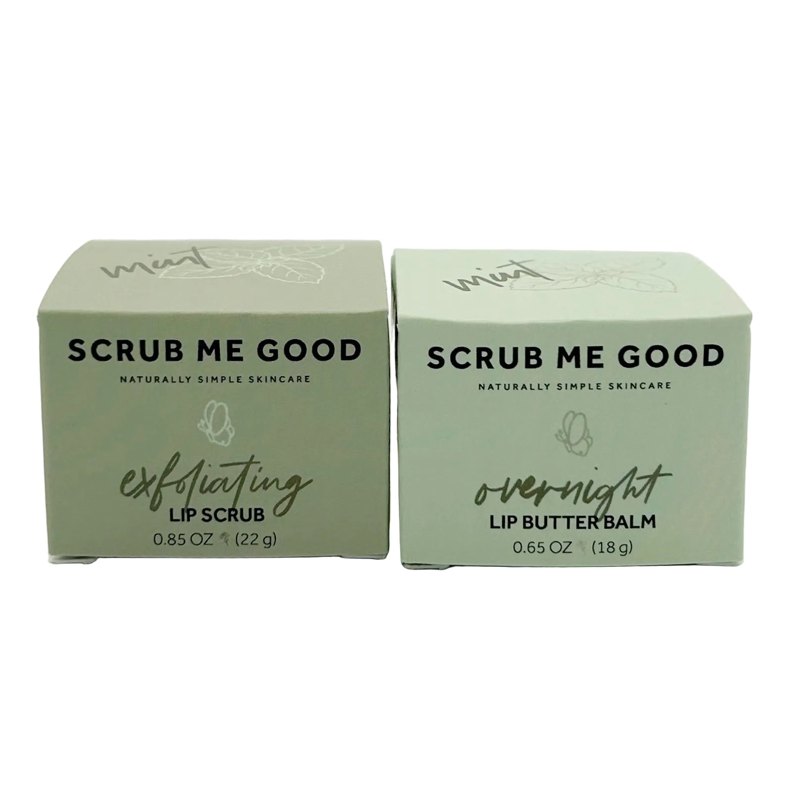 Two green boxes of 'Scrub Me Good' lip care products on a white background