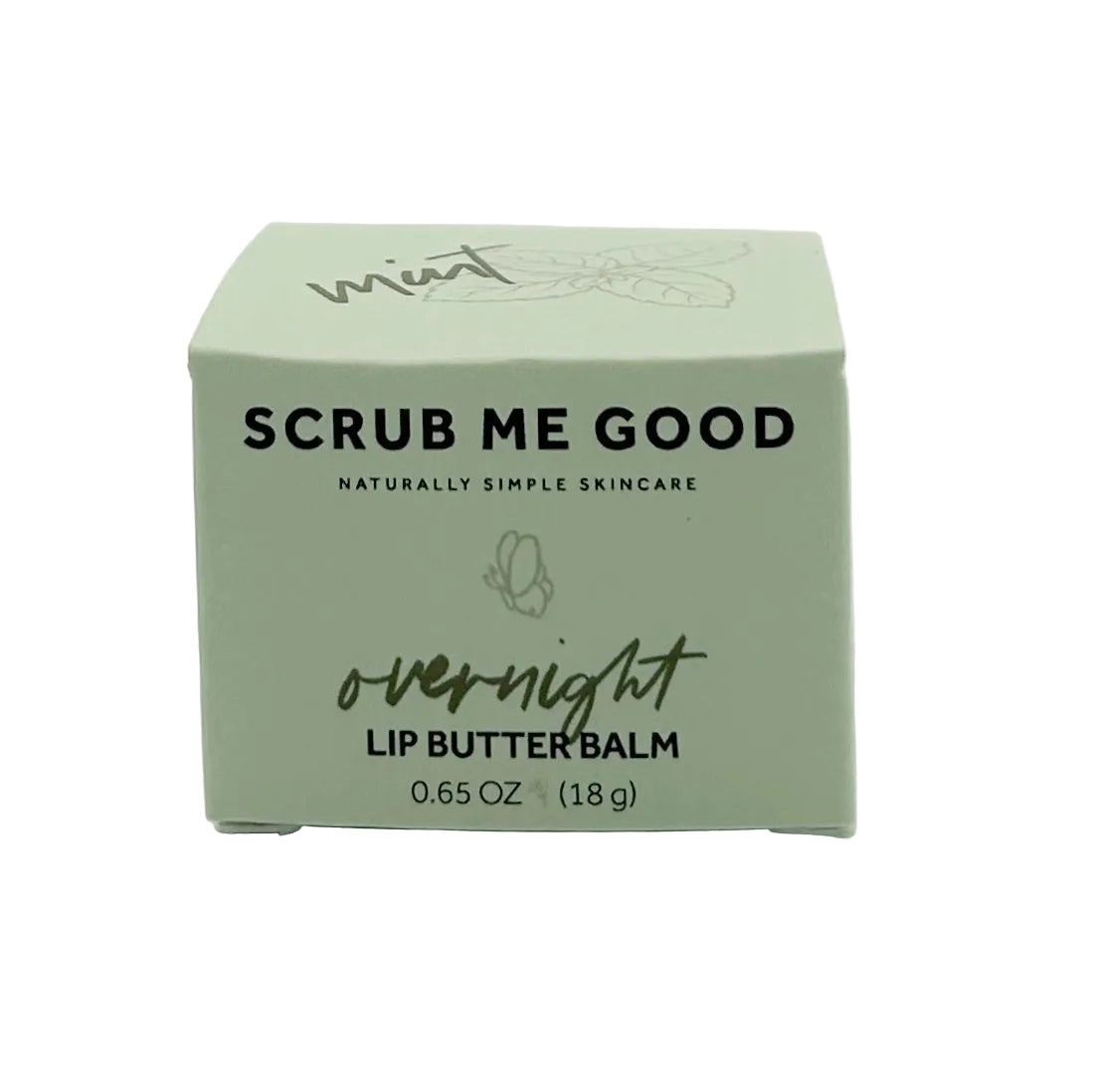 Green packaging of 'Scrub Me Good' lip butter balm on a white background