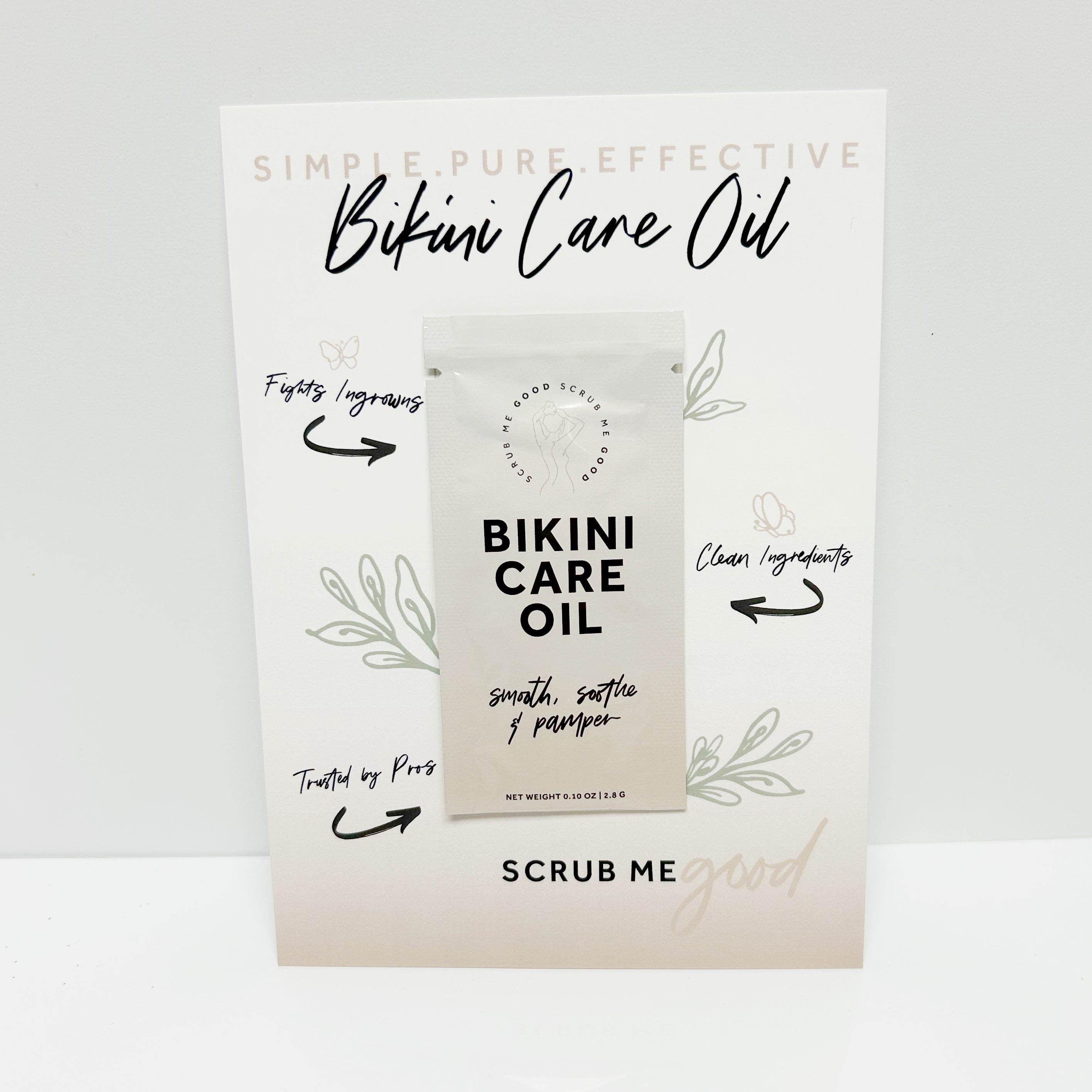 Bikini CAre Oil on an informational card